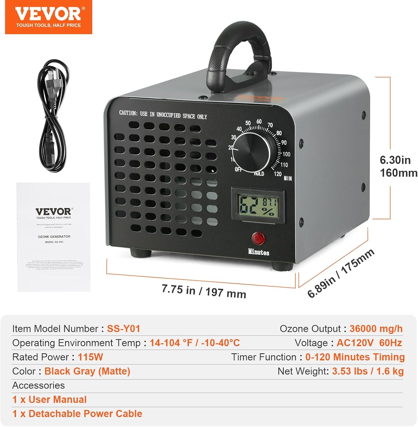 VEVOR Ozon Generator - Luchtzuiveraar - 36.000 mg/u - Grijs - 17,5 x 19,7 x 16 cm
