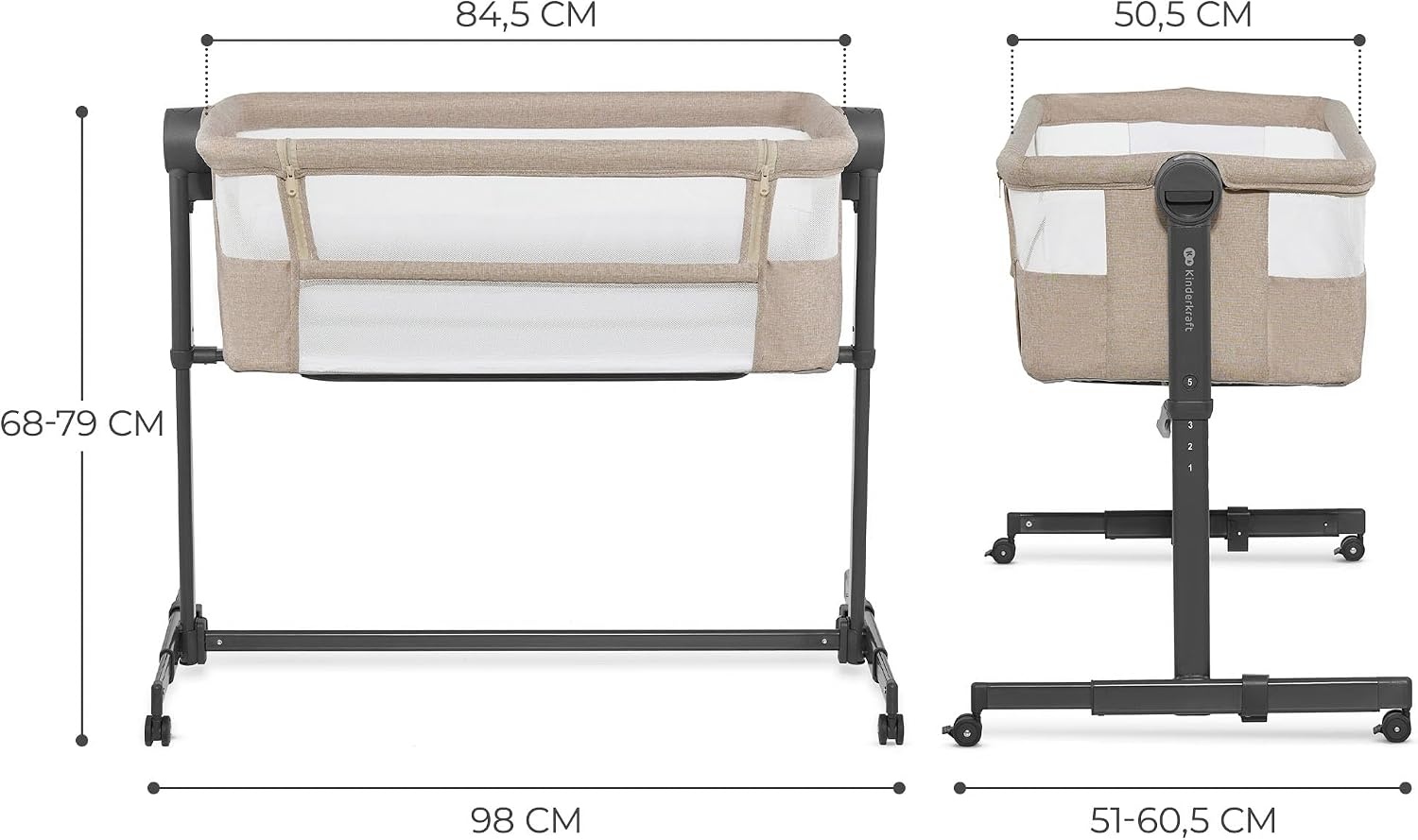 Kinderkraft NESTEE UP 2 Co-Sleeper en Wieg - 98 x 51 cm - Beige