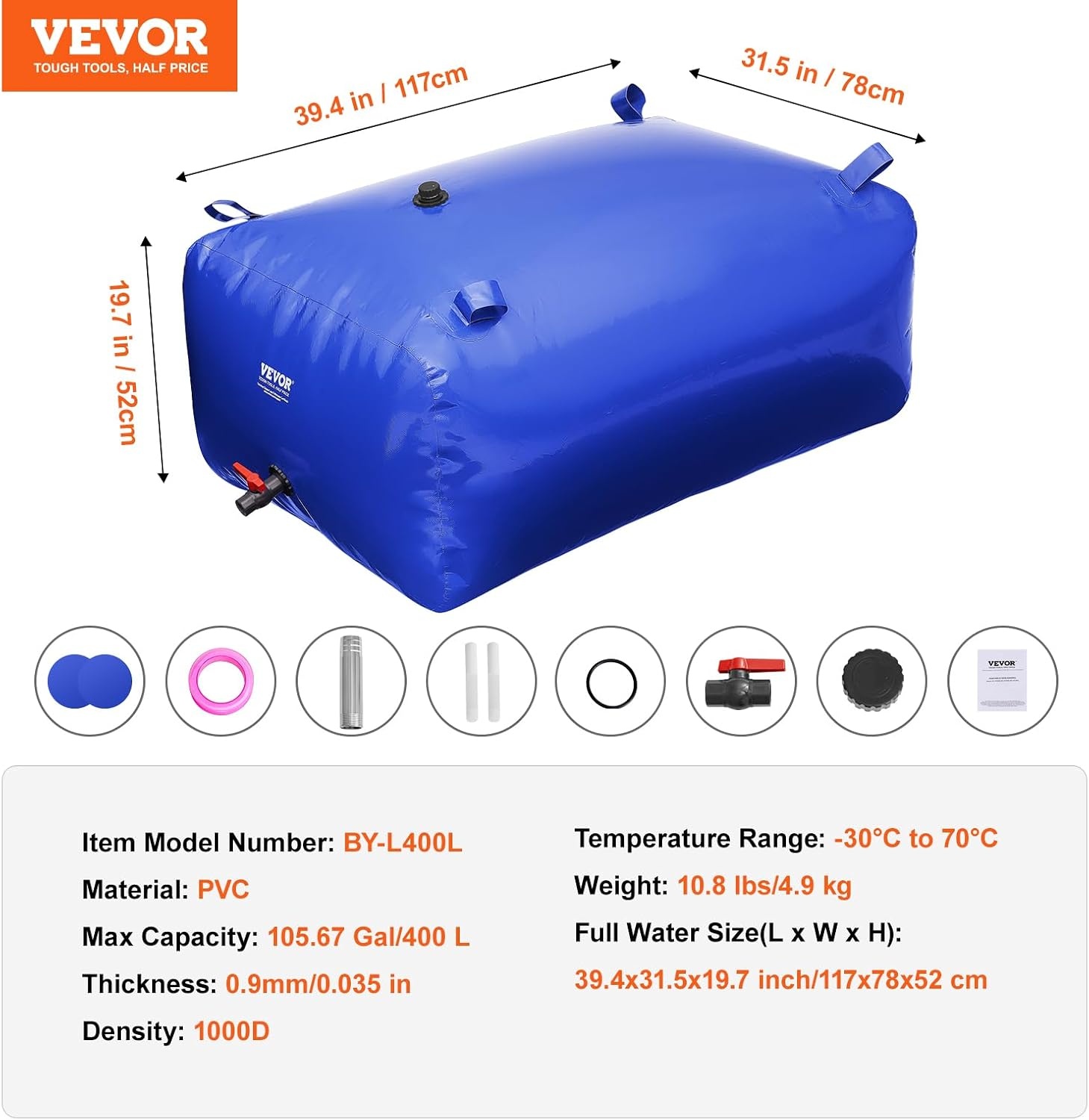 VEVOR Watertank 400 Liter - Opvouwbare Waterzak Blauw - 105.7 Gallon