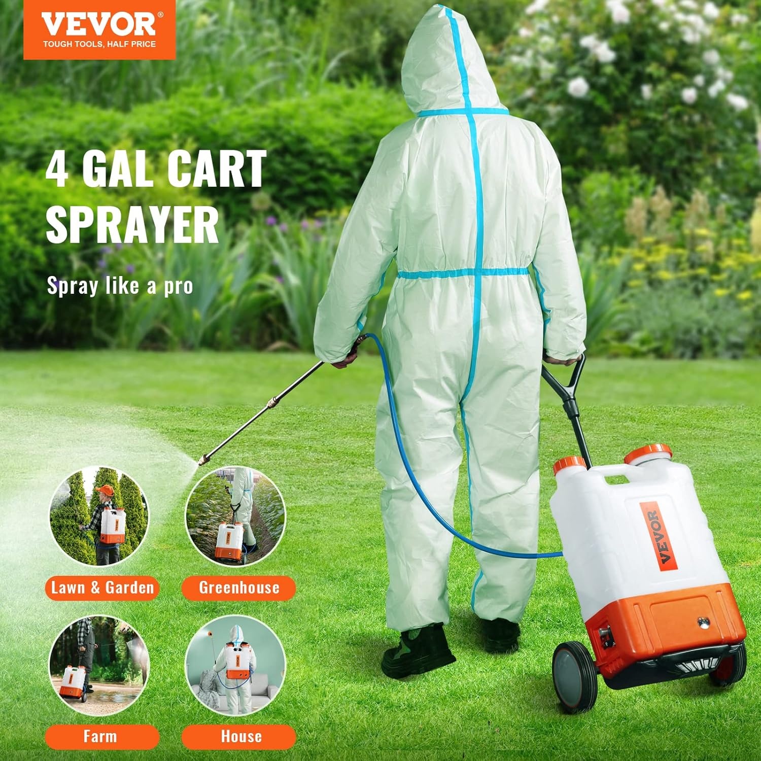 VEVOR Accu Rugspuit 15 Liter met Verrijdbaar Onderstel - Wit/Oranje