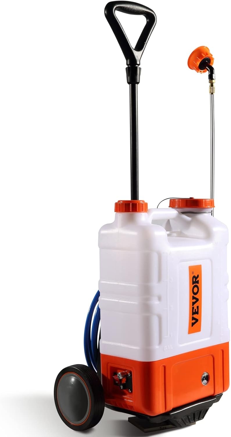 VEVOR Accu Rugspuit 15 Liter met Verrijdbaar Onderstel - Wit/Oranje