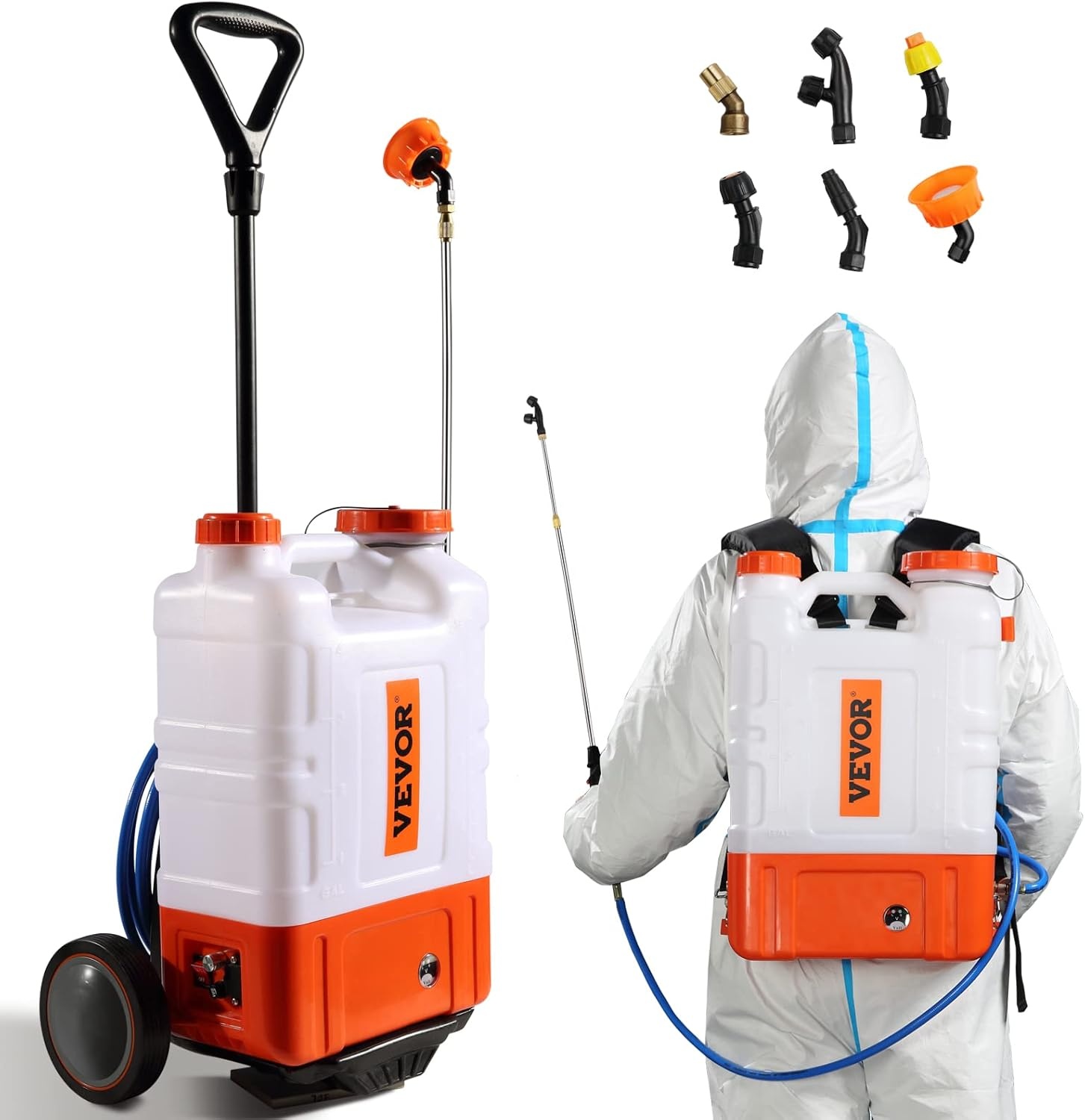 VEVOR Accu Rugspuit 15 Liter met Verrijdbaar Onderstel - Wit/Oranje