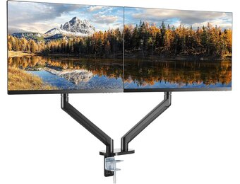 VEVOR Dubbele monitorbevestiging, ondersteunt 13"-35" schermen, volledig verstelbare gasveer monitorarm, houdt tot 24 lbs per arm, computerstandaard met C-klem/doorvoertule montagebasis,