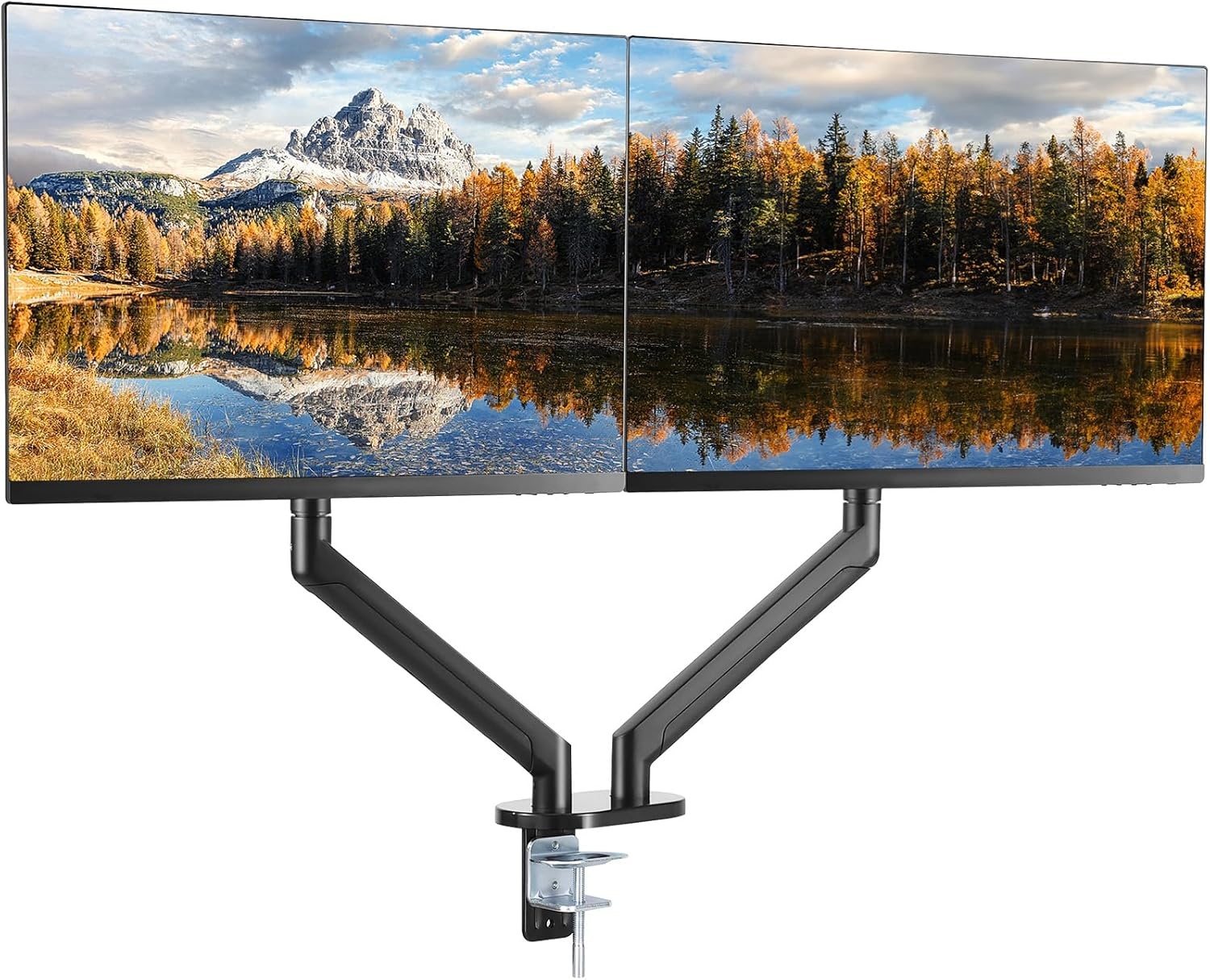 VEVOR Dubbele monitorbevestiging, ondersteunt 13"-35" schermen, volledig verstelbare gasveer monitorarm, houdt tot 24 lbs per arm, computerstandaard met C-klem/doorvoertule montagebasis,