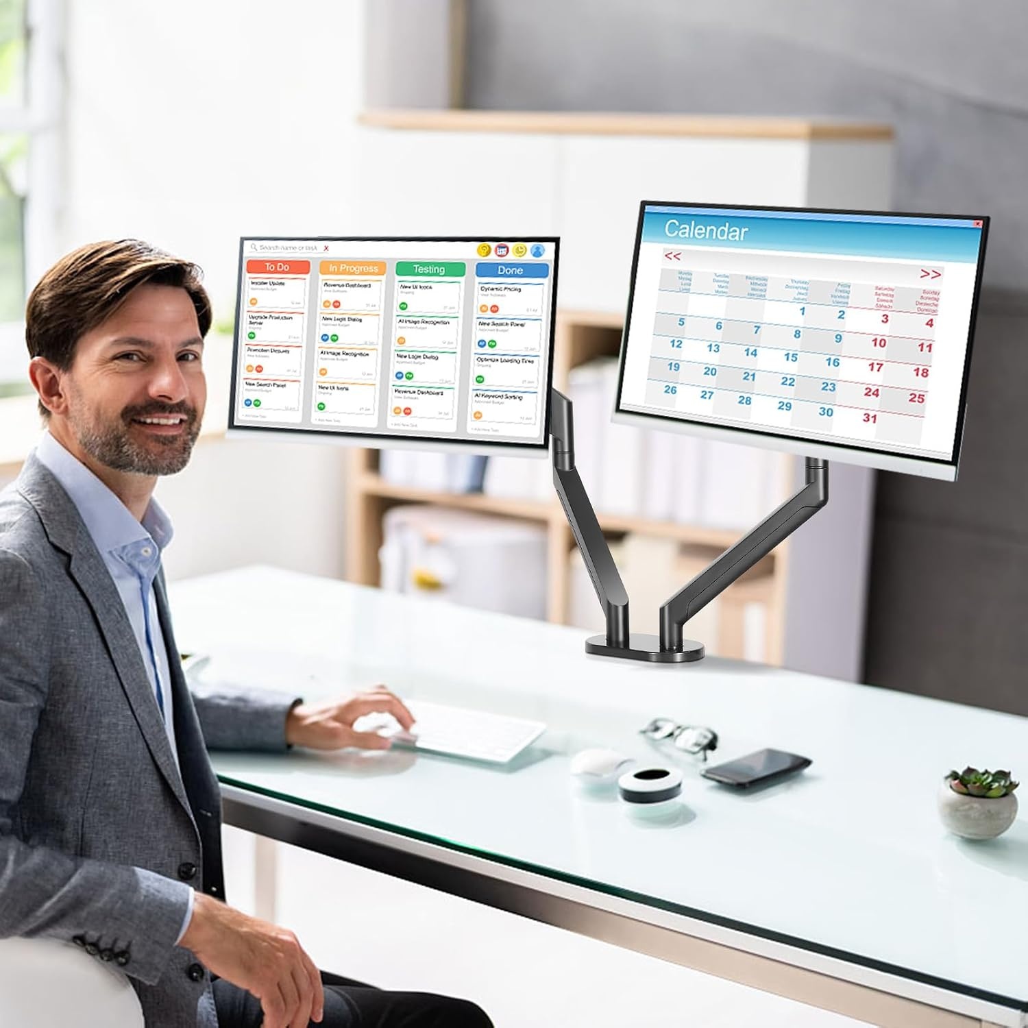 VEVOR Dubbele monitorbevestiging, ondersteunt 13"-35" schermen, volledig verstelbare gasveer monitorarm, houdt tot 24 lbs per arm, computerstandaard met C-klem/doorvoertule montagebasis,