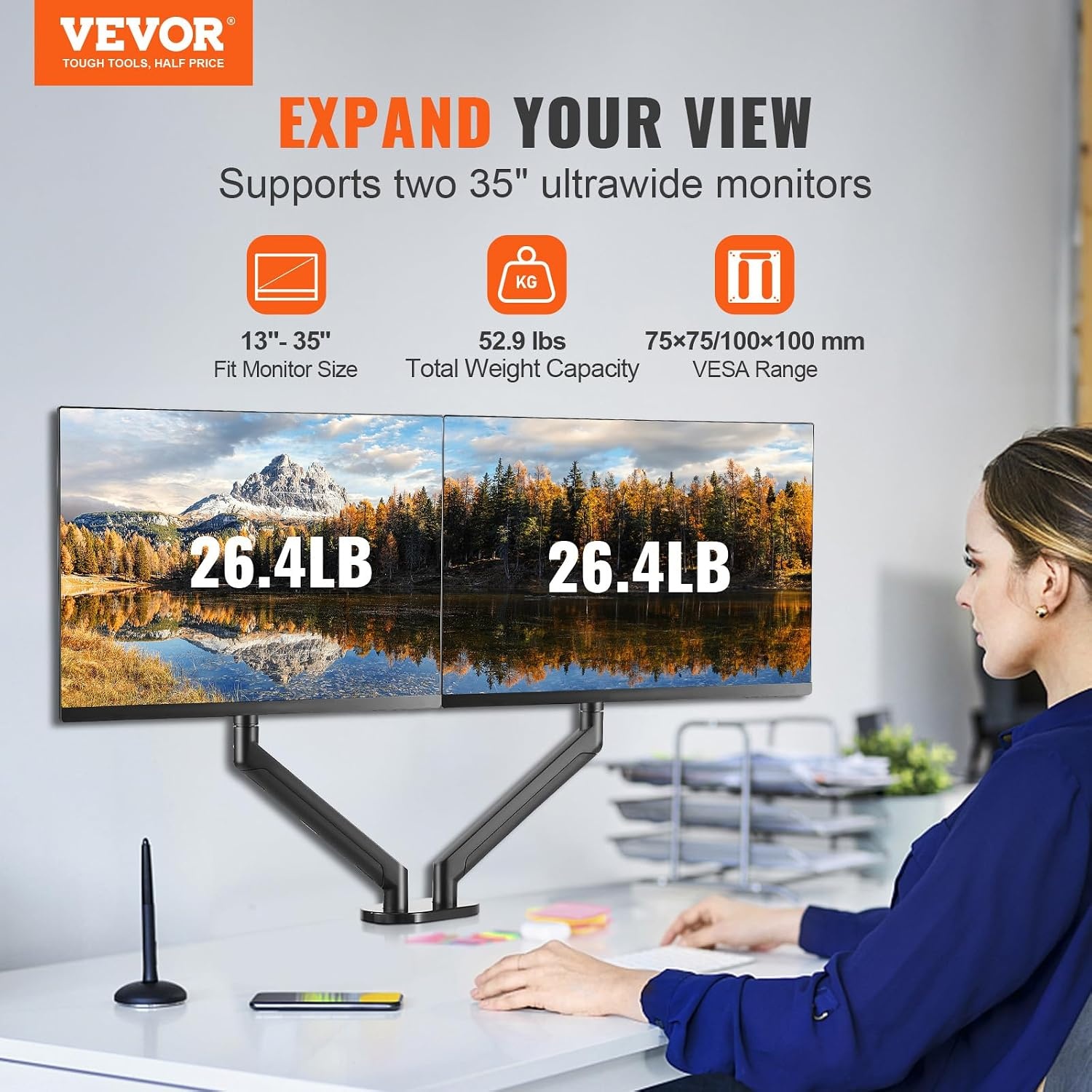 VEVOR Dubbele monitorbevestiging, ondersteunt 13"-35" schermen, volledig verstelbare gasveer monitorarm, houdt tot 24 lbs per arm, computerstandaard met C-klem/doorvoertule montagebasis,