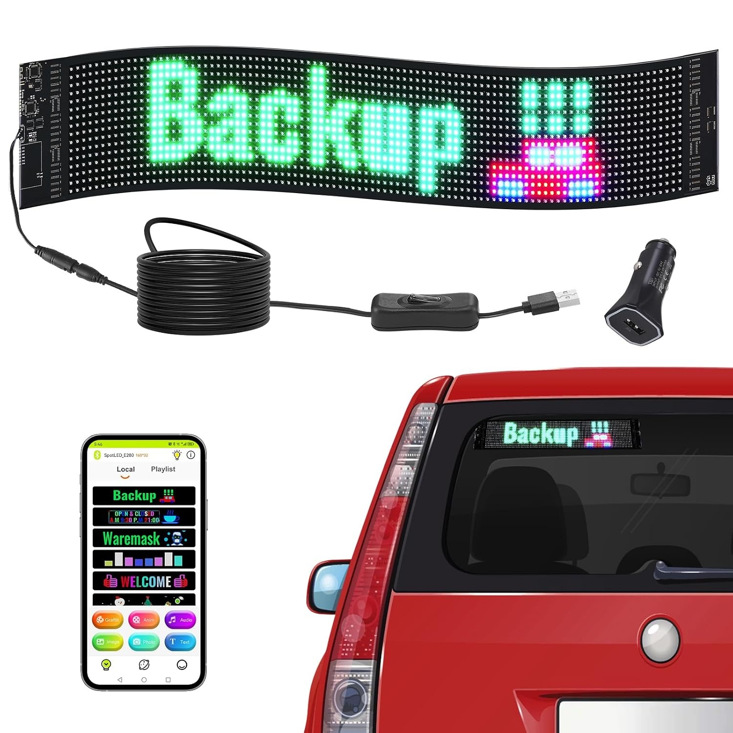 VEVOR Programmeerbaar LED-bord, P6 Full Color LED Scrolling Panel, DIY Custom Tekst Animatie Patroon Display Board, Bluetooth APP Controle Bericht Winkelbord voor Winkel Zakenauto Reclame, 27"x5"
