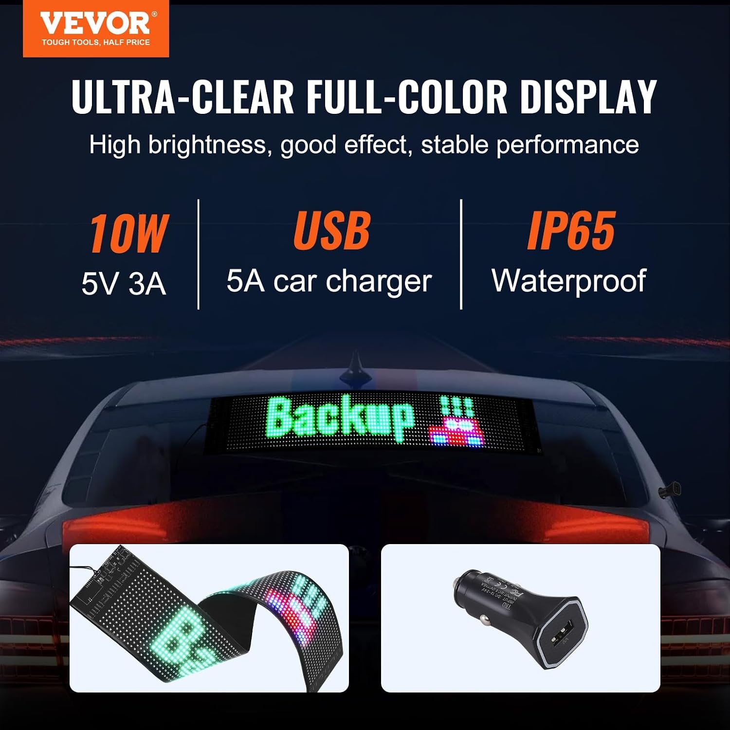 VEVOR Programmeerbaar LED-bord, P6 Full Color LED Scrolling Panel, DIY Custom Tekst Animatie Patroon Display Board, Bluetooth APP Controle Bericht Winkelbord voor Winkel Zakenauto Reclame, 27"x5"