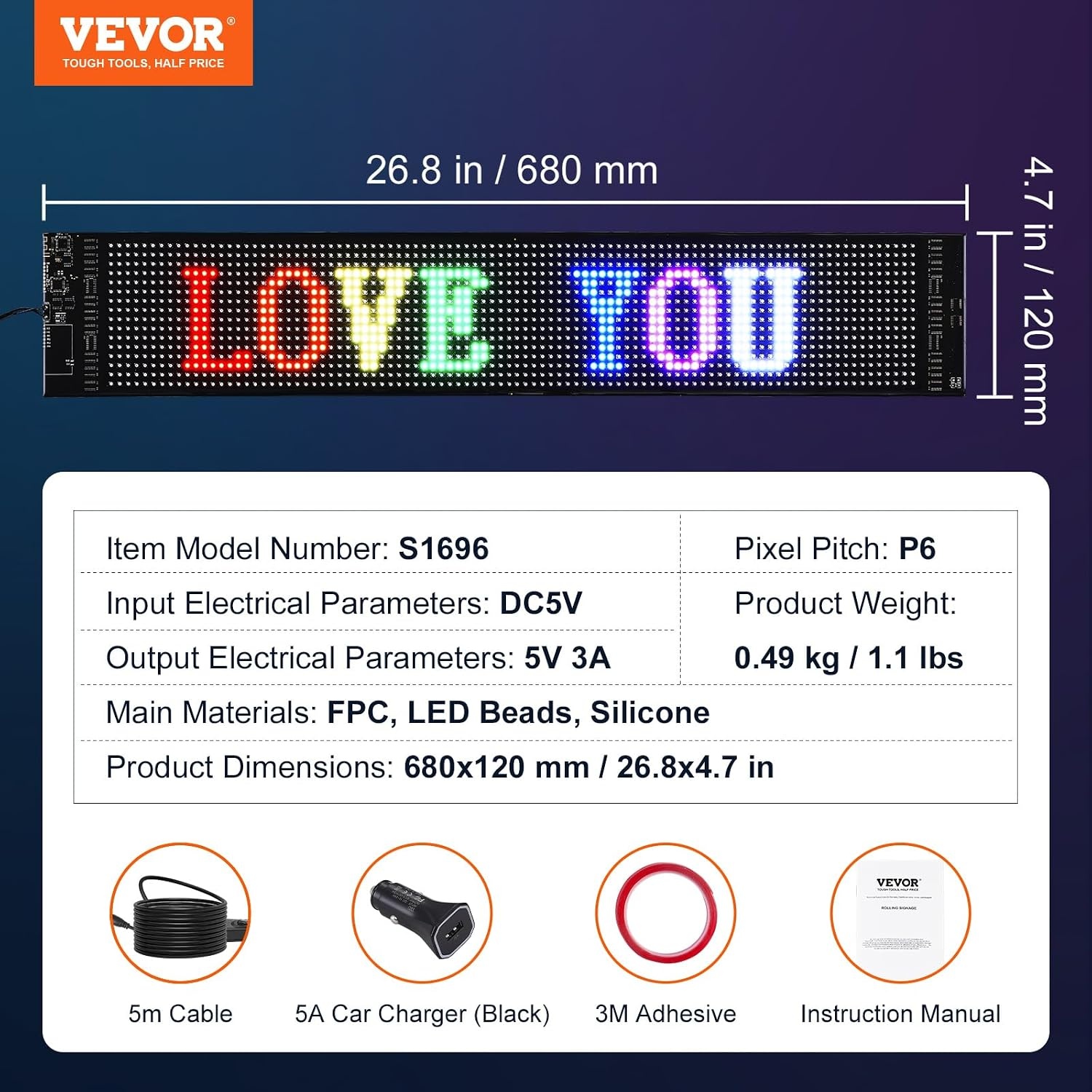 VEVOR Programmeerbaar LED-bord, P6 Full Color LED Scrolling Panel, DIY Custom Tekst Animatie Patroon Display Board, Bluetooth APP Controle Bericht Winkelbord voor Winkel Zakenauto Reclame, 27"x5"