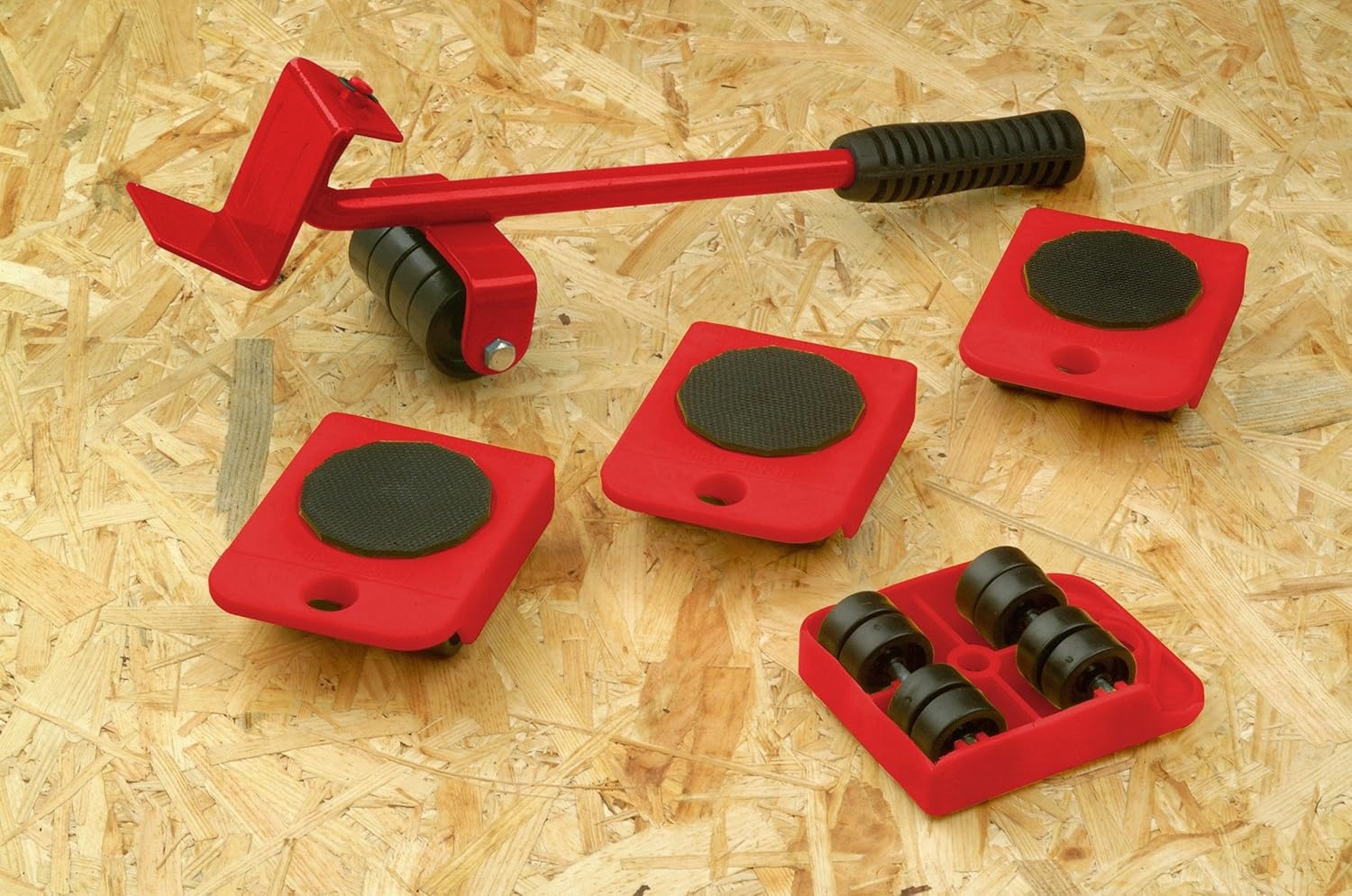 Meister 419900 Transportrollerset, 150 kg Draagkracht, Anti-Slip Coating, Laadkrik, 4 Meubelrollers en Lastheffers, Rood
