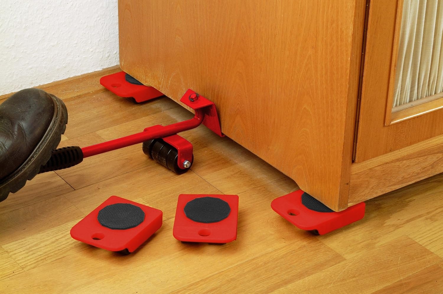 Meister 419900 Transportrollerset, 150 kg Draagkracht, Anti-Slip Coating, Laadkrik, 4 Meubelrollers en Lastheffers, Rood