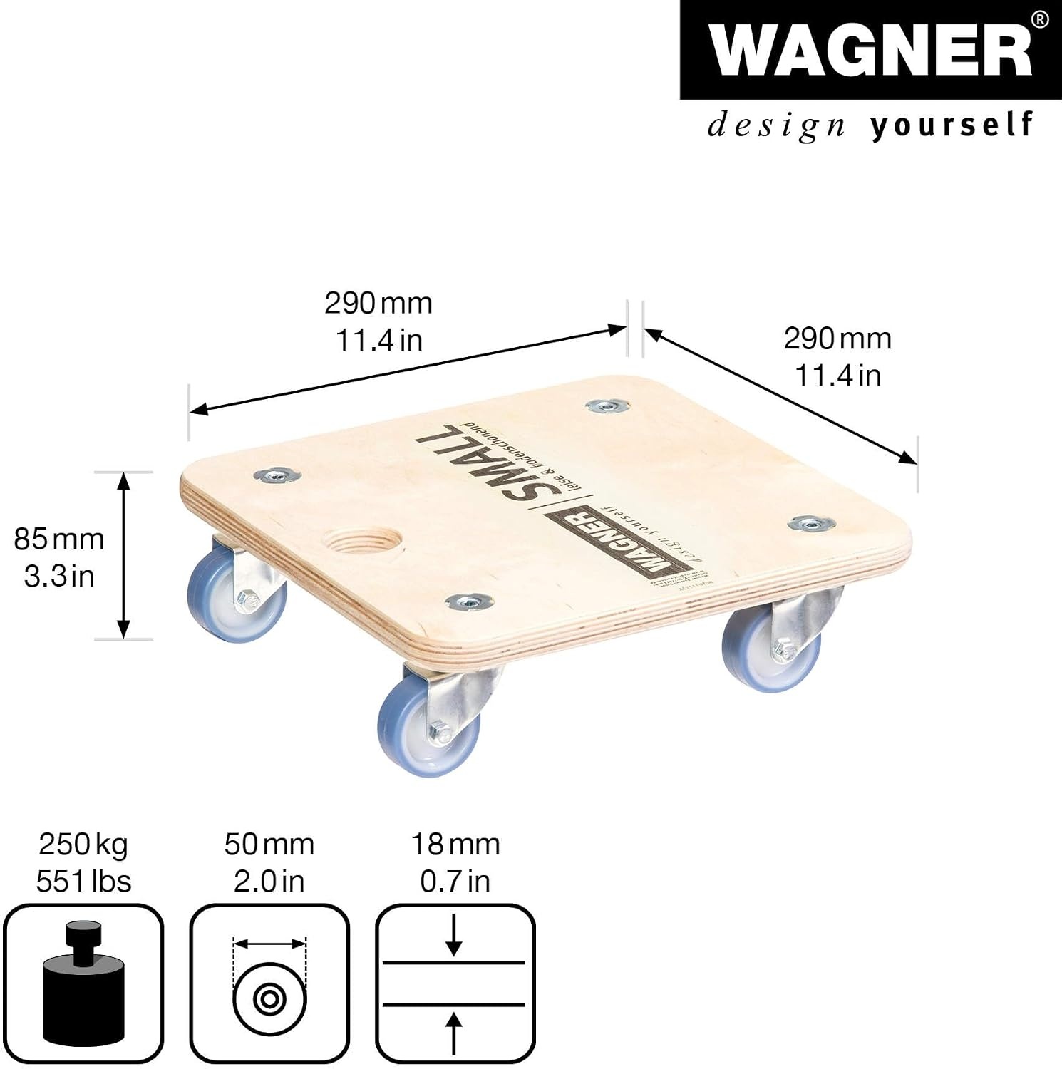 WAGNER Transport dolly MM 1353 I 29 x 29 cm - voor onhandelbare voorwerpen, apparatuur & meubels I draagvermogen 250 kg I grijpgat I zeer mobiel I FSC®-gecertificeerd - 20135301 - Maat (L) 29 x (B) 29 x (H) 8,5 cm