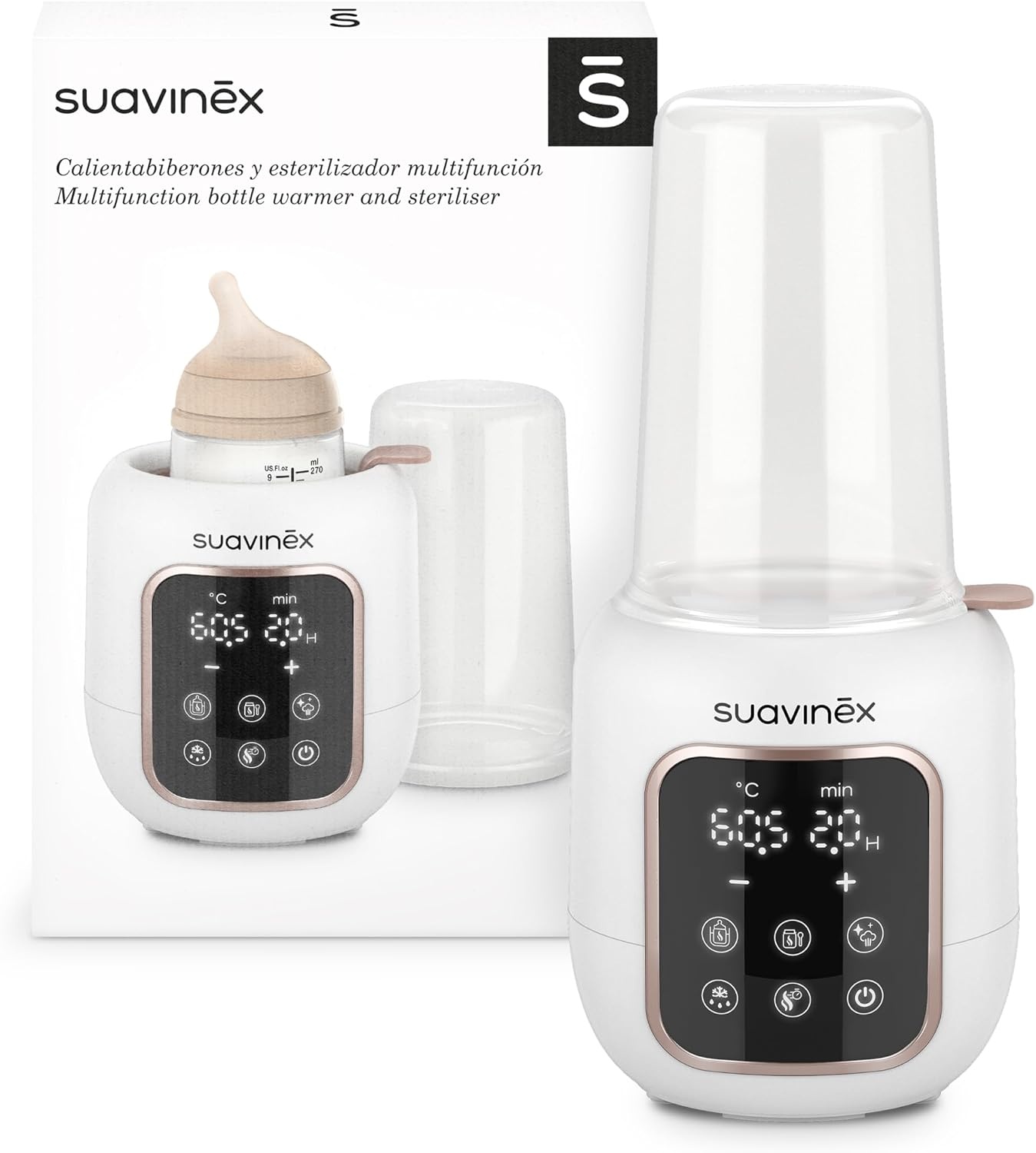 Suavinex, 2-in-1 flessenwarmer en sterilisator, steriliseert flesjes en fopspeen, opwarmen en ontdooien van flessen, moedermelk en dranken, met snelmodus en automatische uitschakeling, eenvoudig te
