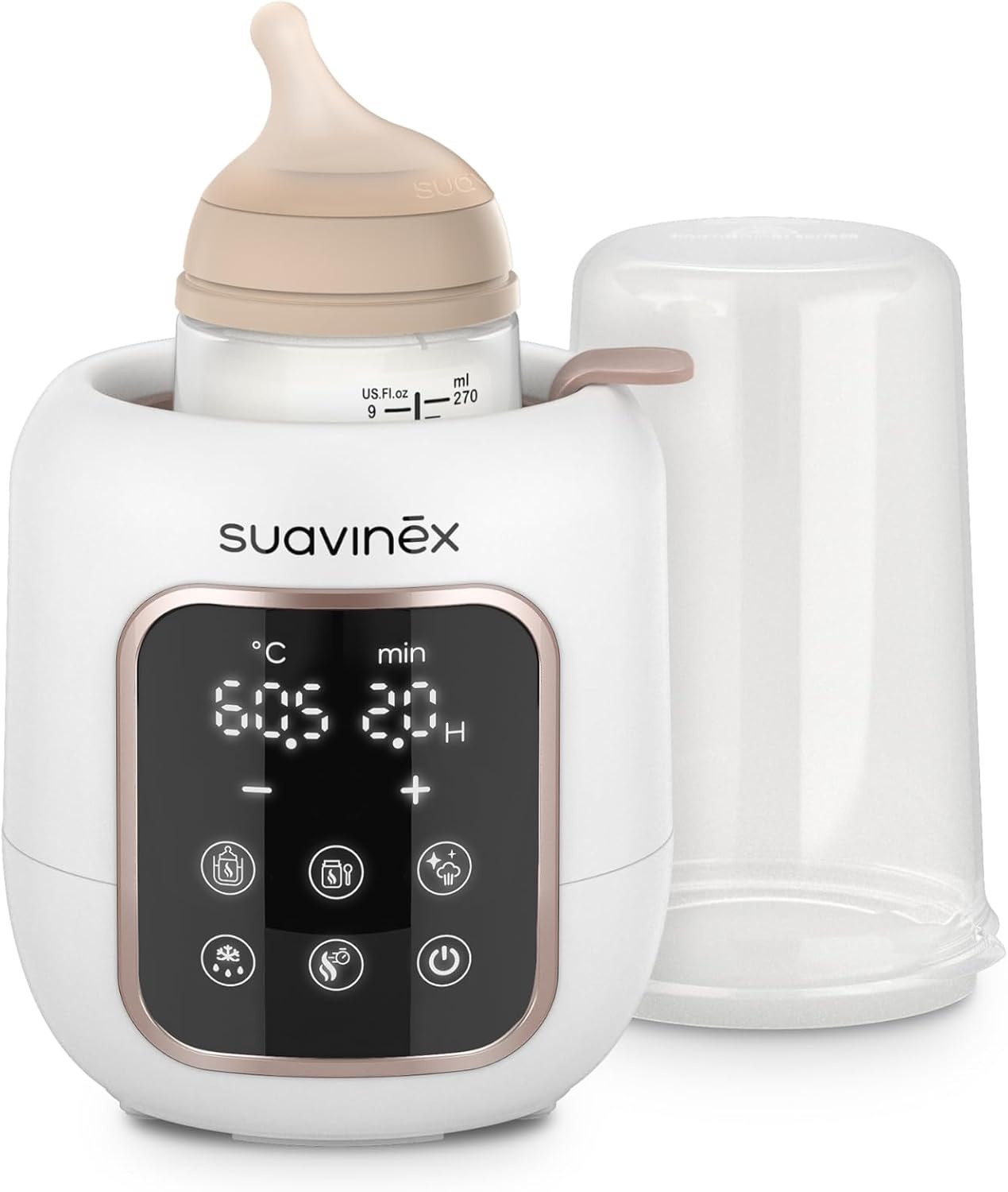 Suavinex, 2-in-1 flessenwarmer en sterilisator, steriliseert flesjes en fopspeen, opwarmen en ontdooien van flessen, moedermelk en dranken, met snelmodus en automatische uitschakeling, eenvoudig te