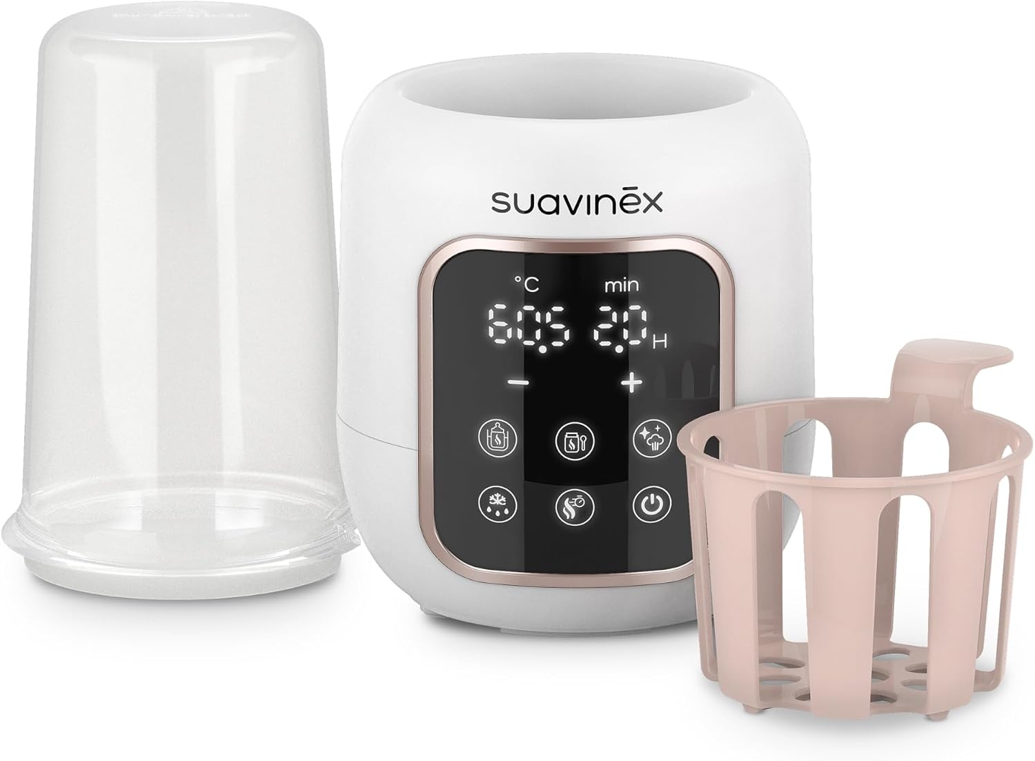Suavinex, 2-in-1 flessenwarmer en sterilisator, steriliseert flesjes en fopspeen, opwarmen en ontdooien van flessen, moedermelk en dranken, met snelmodus en automatische uitschakeling, eenvoudig te