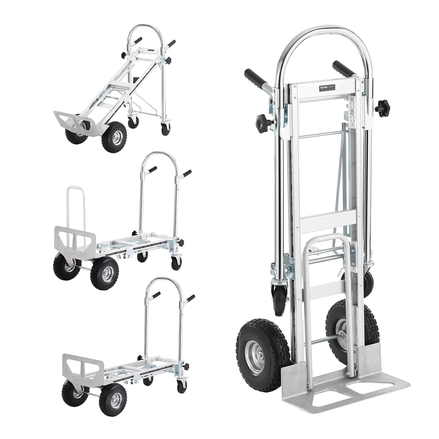 VEVOR Aluminium 4-in-1 Folding Truck, Hand Truck, Moving Truck, Load Capacity 454 kg, Hand Truck, Convertible in Platform Truck, Rubber Wheels PU, for Transport, Warehouse, Goods