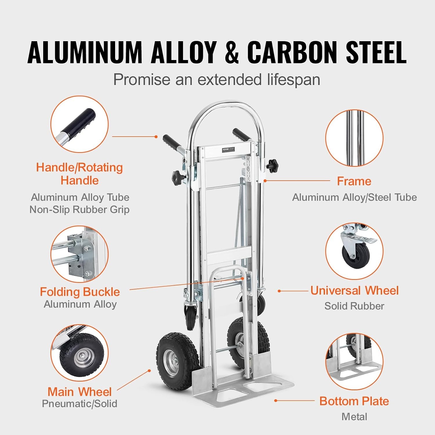 VEVOR Aluminium 4-in-1 Folding Truck, Hand Truck, Moving Truck, Load Capacity 454 kg, Hand Truck, Convertible in Platform Truck, Rubber Wheels PU, for Transport, Warehouse, Goods
