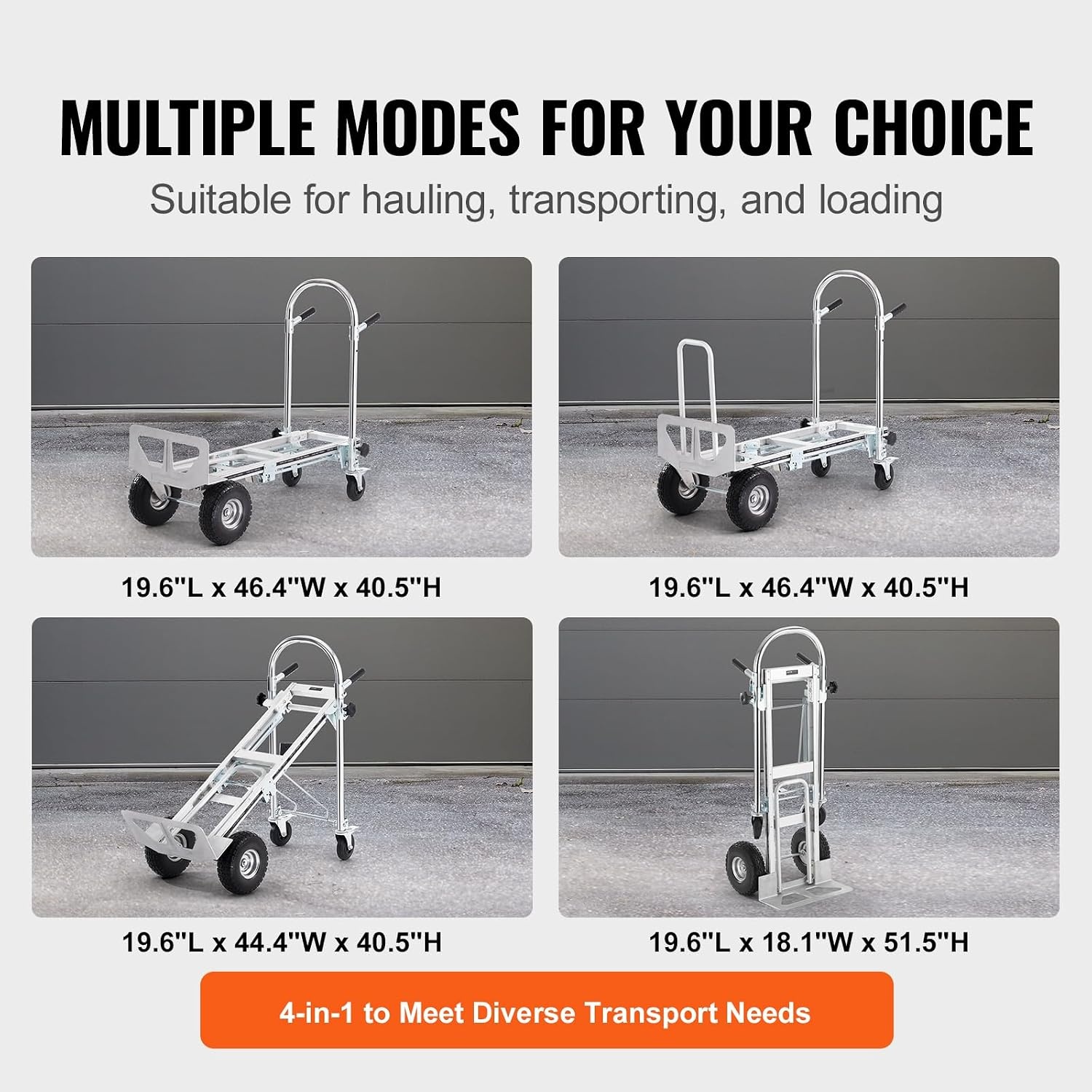 VEVOR Aluminium 4-in-1 Folding Truck, Hand Truck, Moving Truck, Load Capacity 454 kg, Hand Truck, Convertible in Platform Truck, Rubber Wheels PU, for Transport, Warehouse, Goods