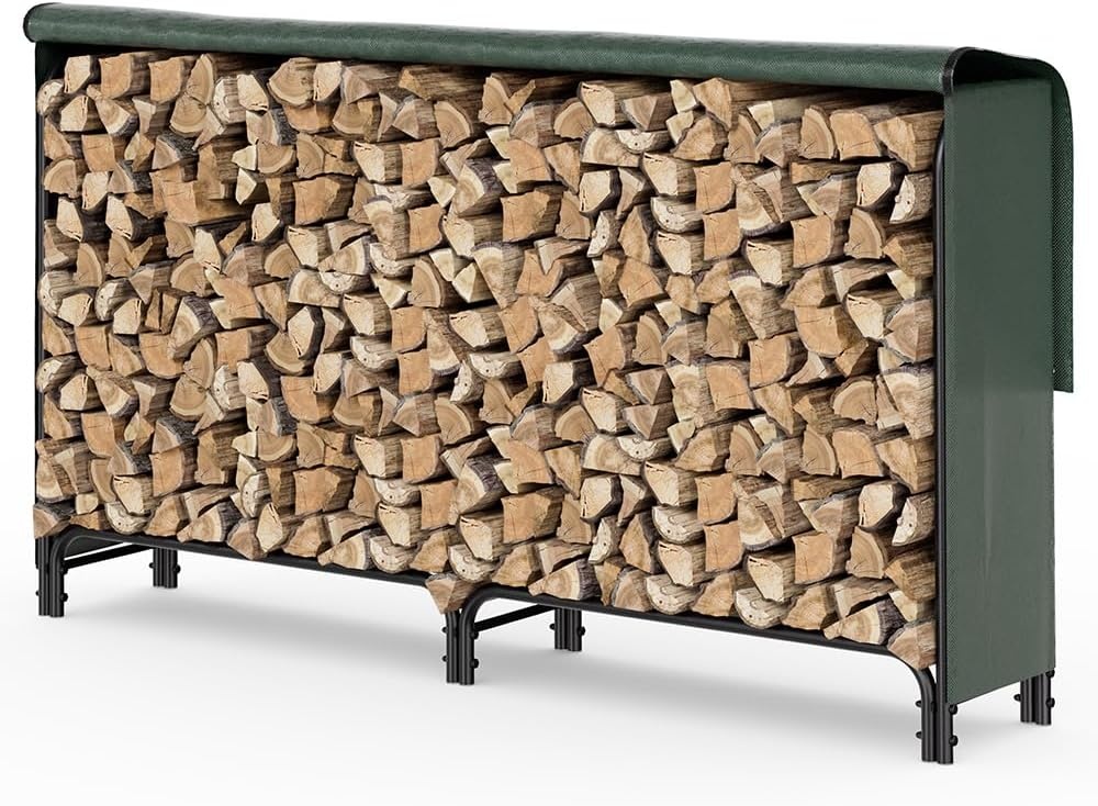VOUNOT Metalen brandhoutrek voor buiten, rek voor brandhout voor buiten, brandhoutrek voor buiten met waterdichte hoes, 200 x 116 x 36 cm, zwart