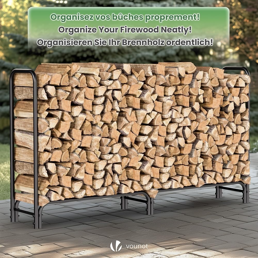 VOUNOT Metalen brandhoutrek voor buiten, rek voor brandhout voor buiten, brandhoutrek voor buiten met waterdichte hoes, 200 x 116 x 36 cm, zwart