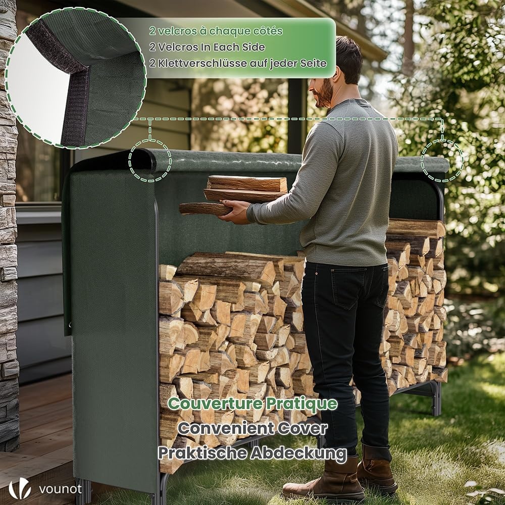 VOUNOT Metalen brandhoutrek voor buiten, rek voor brandhout voor buiten, brandhoutrek voor buiten met waterdichte hoes, 200 x 116 x 36 cm, zwart