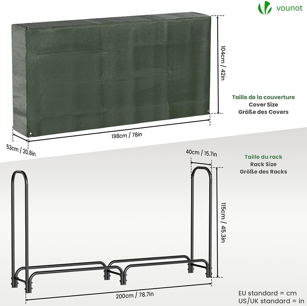 VOUNOT Metalen brandhoutrek voor buiten, rek voor brandhout voor buiten, brandhoutrek voor buiten met waterdichte hoes, 200 x 116 x 36 cm, zwart