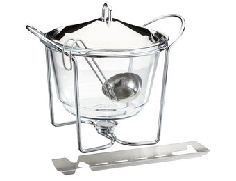 APS 65065 vuurtang punchset, suikertang, glazen kom, roestvrijstalen deksel, hoogglans gepolijst, warmer, verchroomd, opscheplepel, voor ca. 4 liter