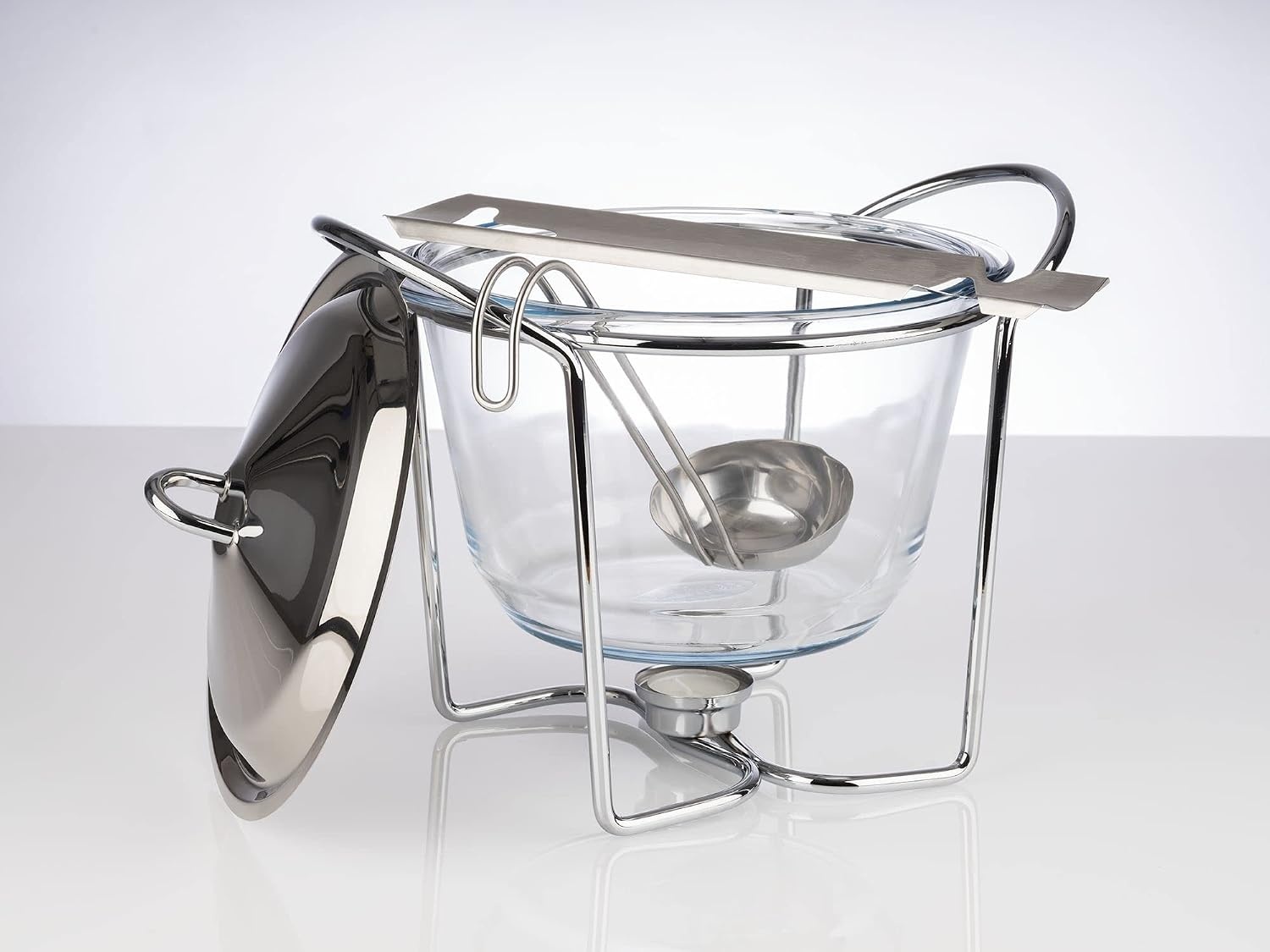 APS 65065 vuurtang punchset, suikertang, glazen kom, roestvrijstalen deksel, hoogglans gepolijst, warmer, verchroomd, opscheplepel, voor ca. 4 liter