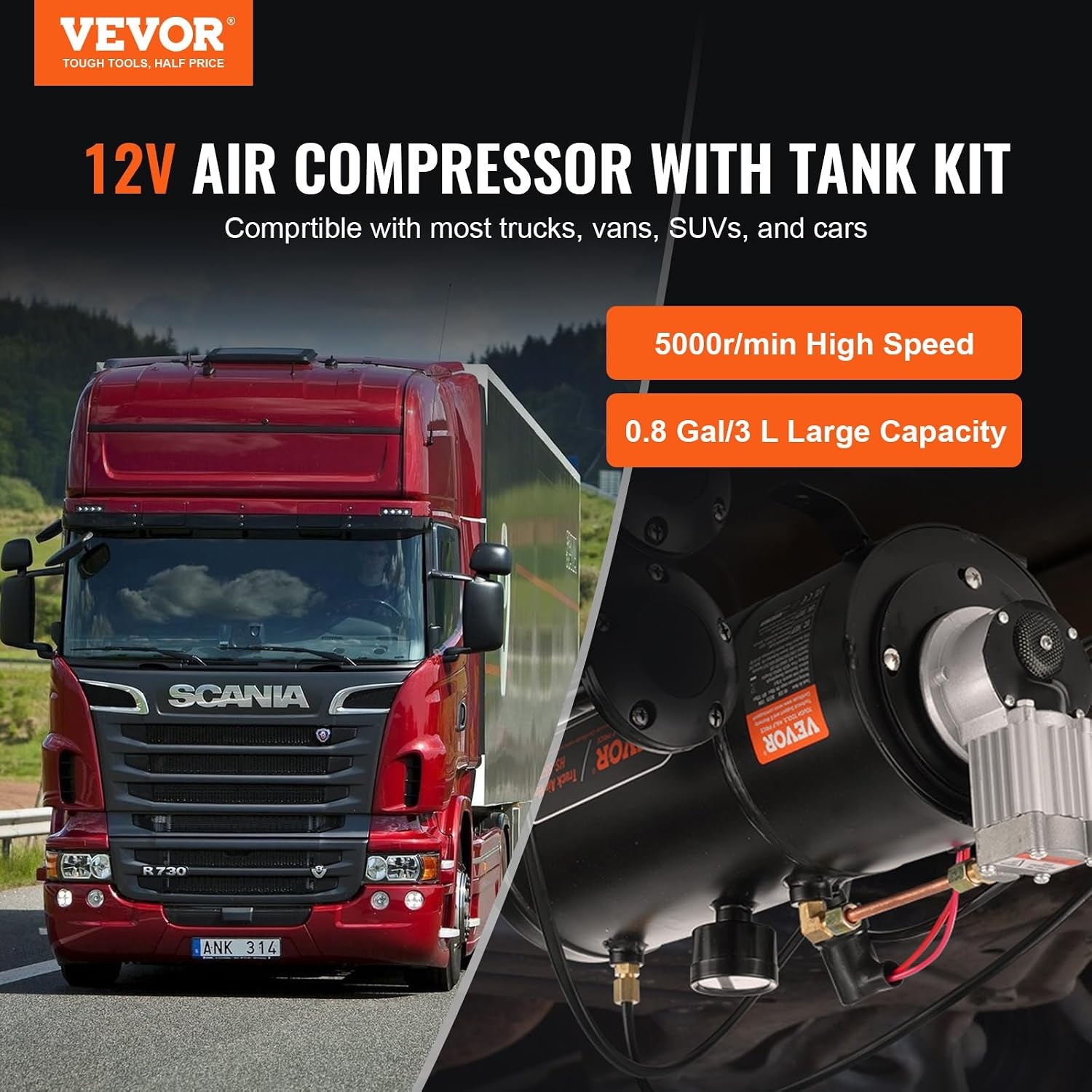 VEVOR 12V Air Compressor Set with Tank 3L, Air Compressor Set, Air Compressor Set, 90-120 PSI Working Pressure, Integrated Air Compressor System for Train Air Horn, Tyre Inflating, Trucks,