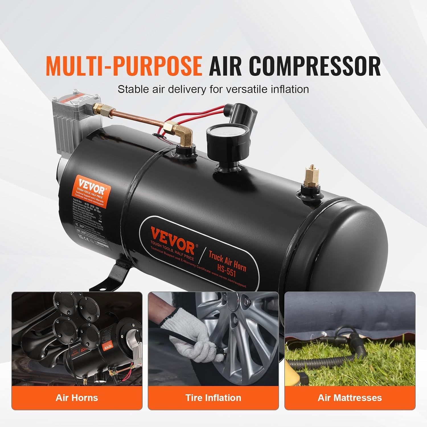 VEVOR 12V Air Compressor Set with Tank 3L, Air Compressor Set, Air Compressor Set, 90-120 PSI Working Pressure, Integrated Air Compressor System for Train Air Horn, Tyre Inflating, Trucks,