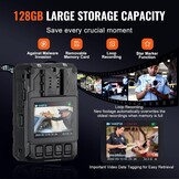 VEVOR Politiecamera 2K, waterdichte camera met 128 GB, met audio- en video-opname, ingebouwde batterij met 3500 mAh, lcd-scherm met hoge resolutie, GPS, infrarood nachtzicht