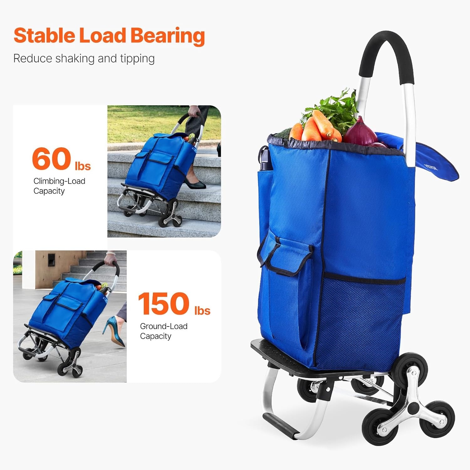 Opvouwbare Boodschappentrolley 36L met Klimwielen (Blauw)
