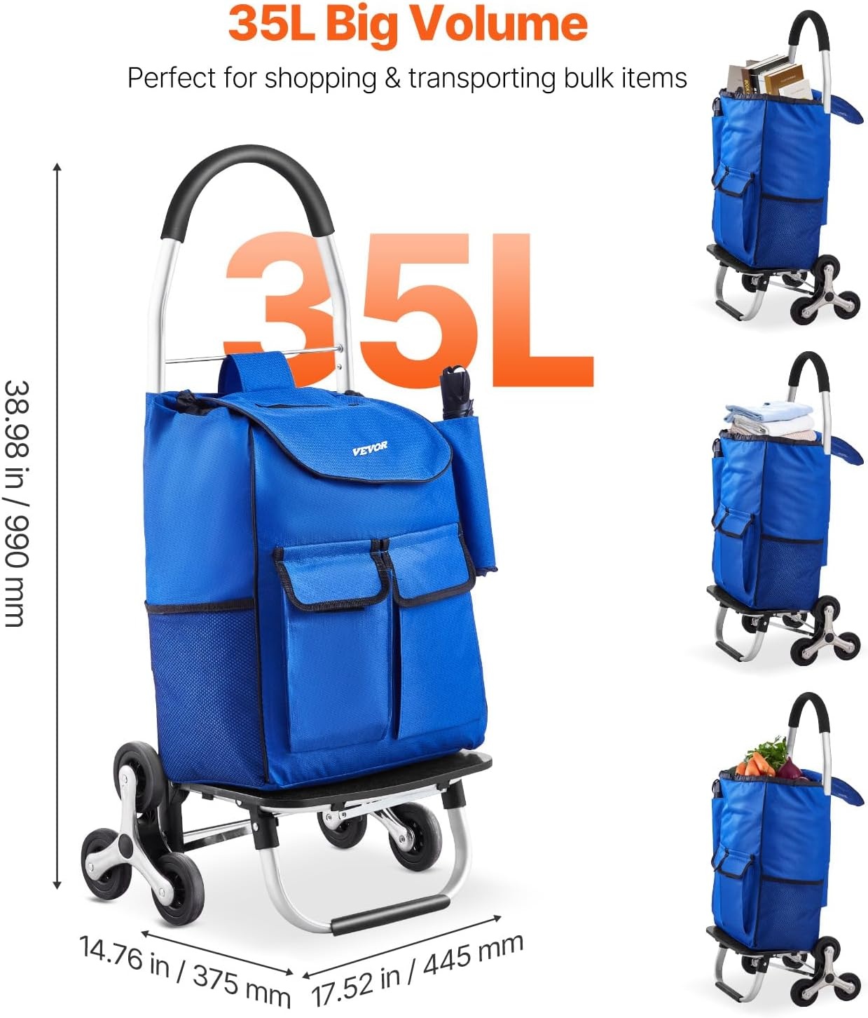 Opvouwbare Boodschappentrolley 36L met Klimwielen (Blauw)