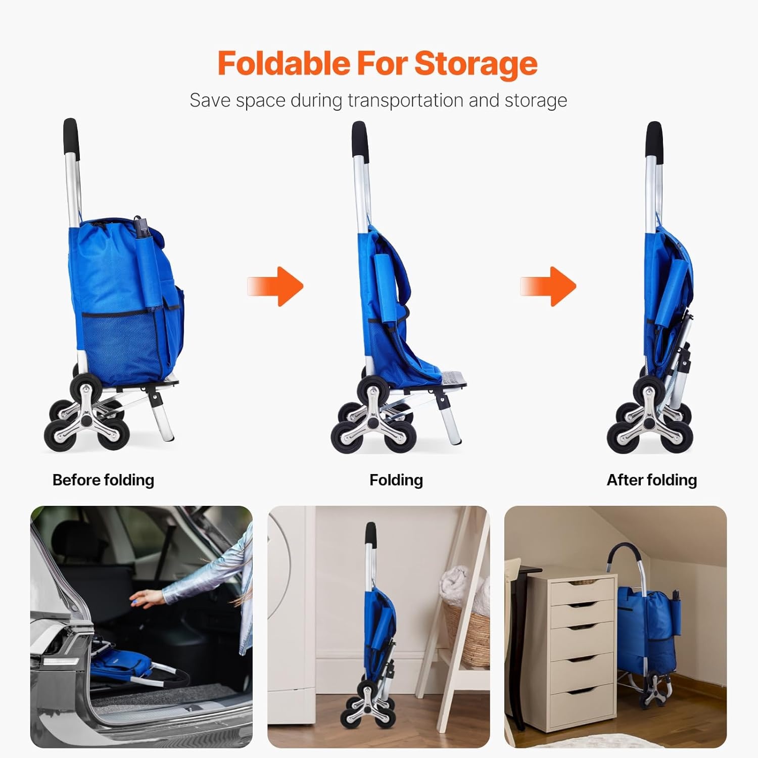 Opvouwbare Boodschappentrolley 36L met Klimwielen (Blauw)