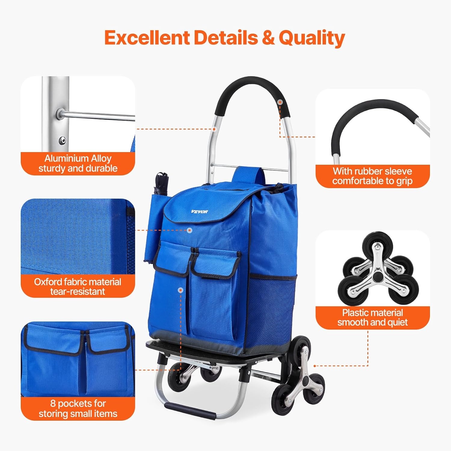 Opvouwbare Boodschappentrolley 36L met Klimwielen (Blauw)