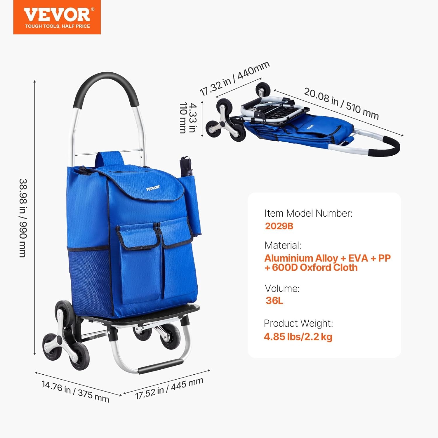 Opvouwbare Boodschappentrolley 36L met Klimwielen (Blauw)