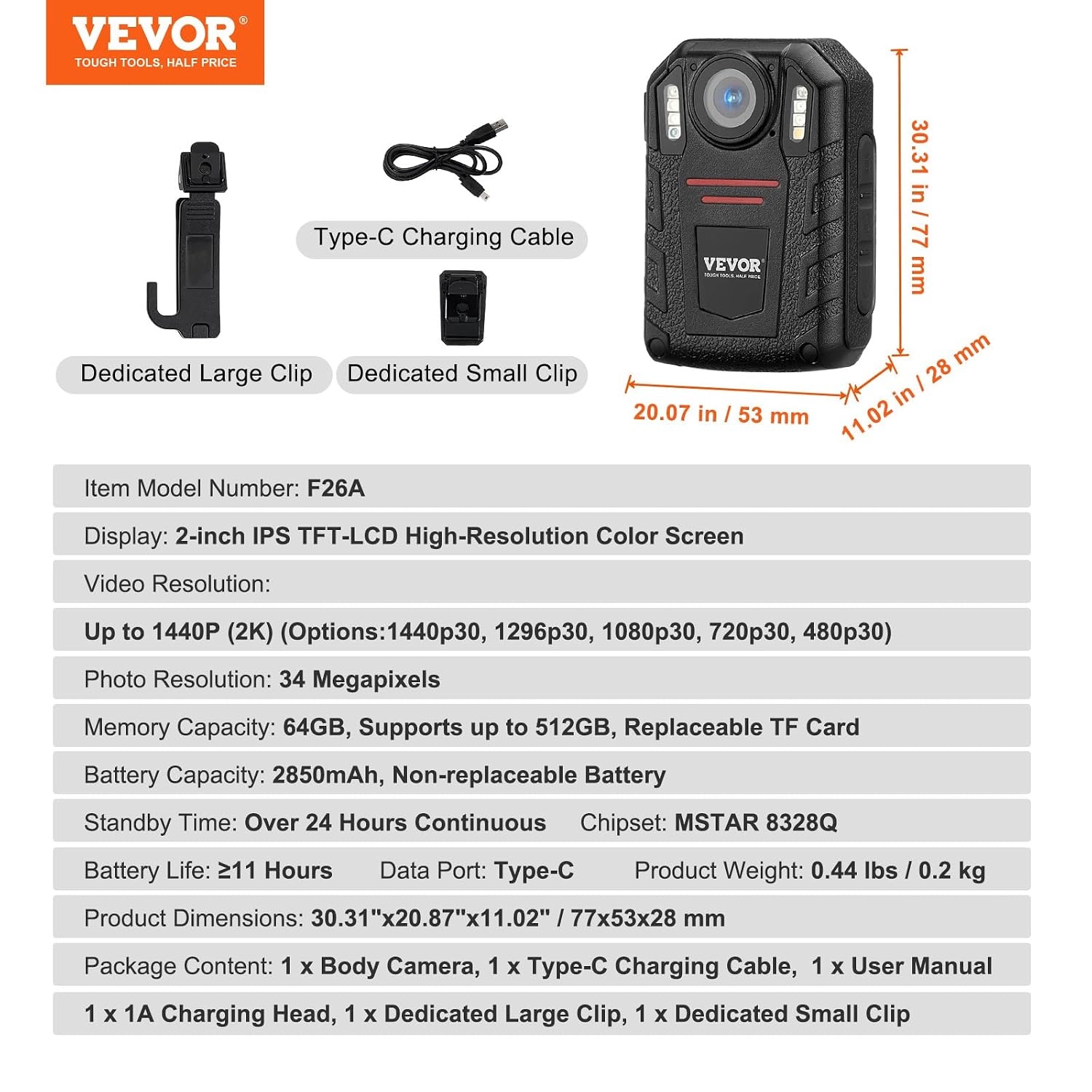Bodycam 2K 64GB | Nachtvisie | Waterdicht | 150° Groothoek | 11+ Uur Accu | 29% Korting