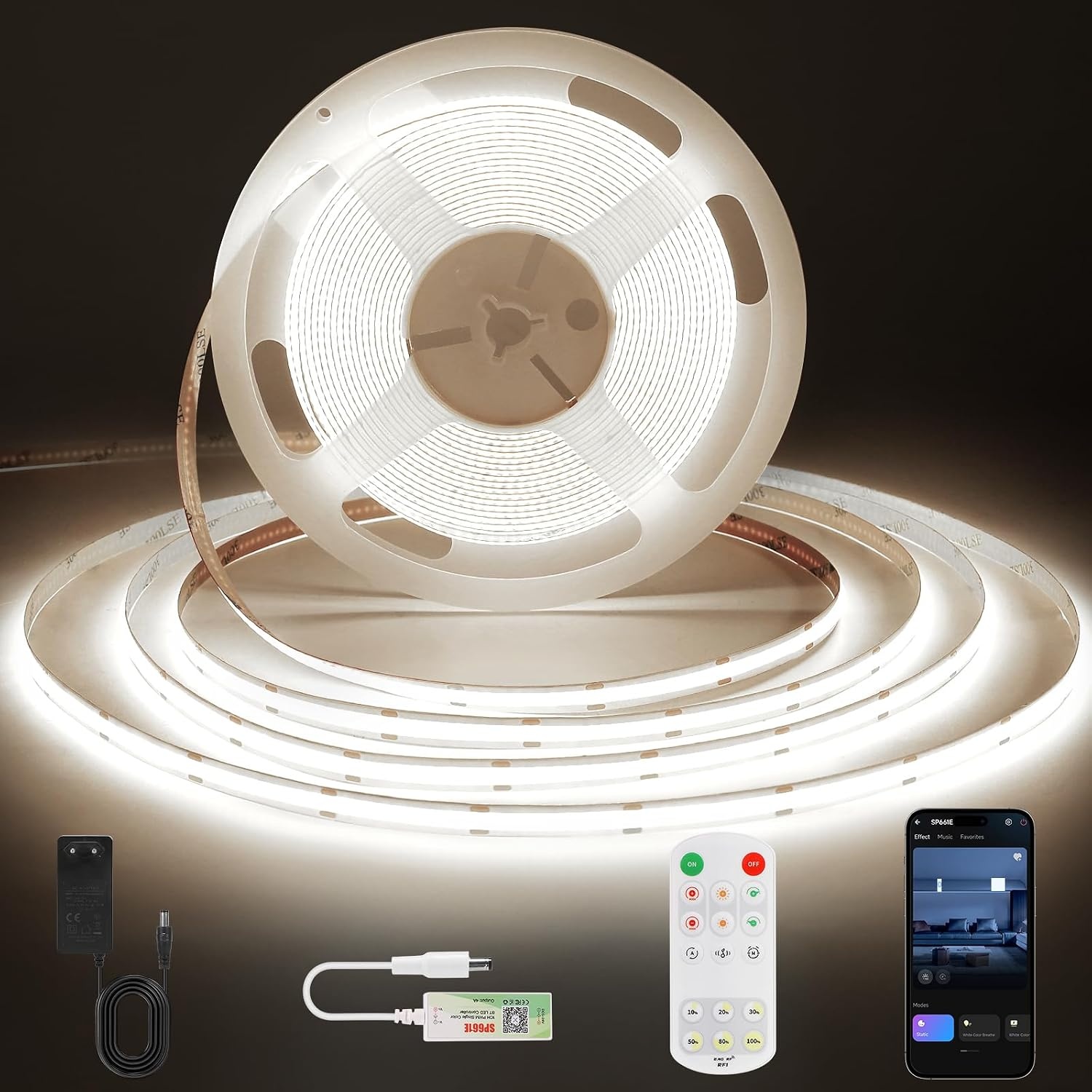 COB LED Strip 10m Neutraal Wit - Slim, Muziek & Timer, 29% Korting!