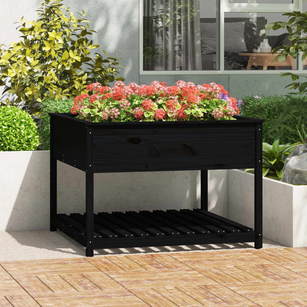 Plantenbak met schap van grenenhout - 111,5x111,5x81 cm - Zwart (34% korting)