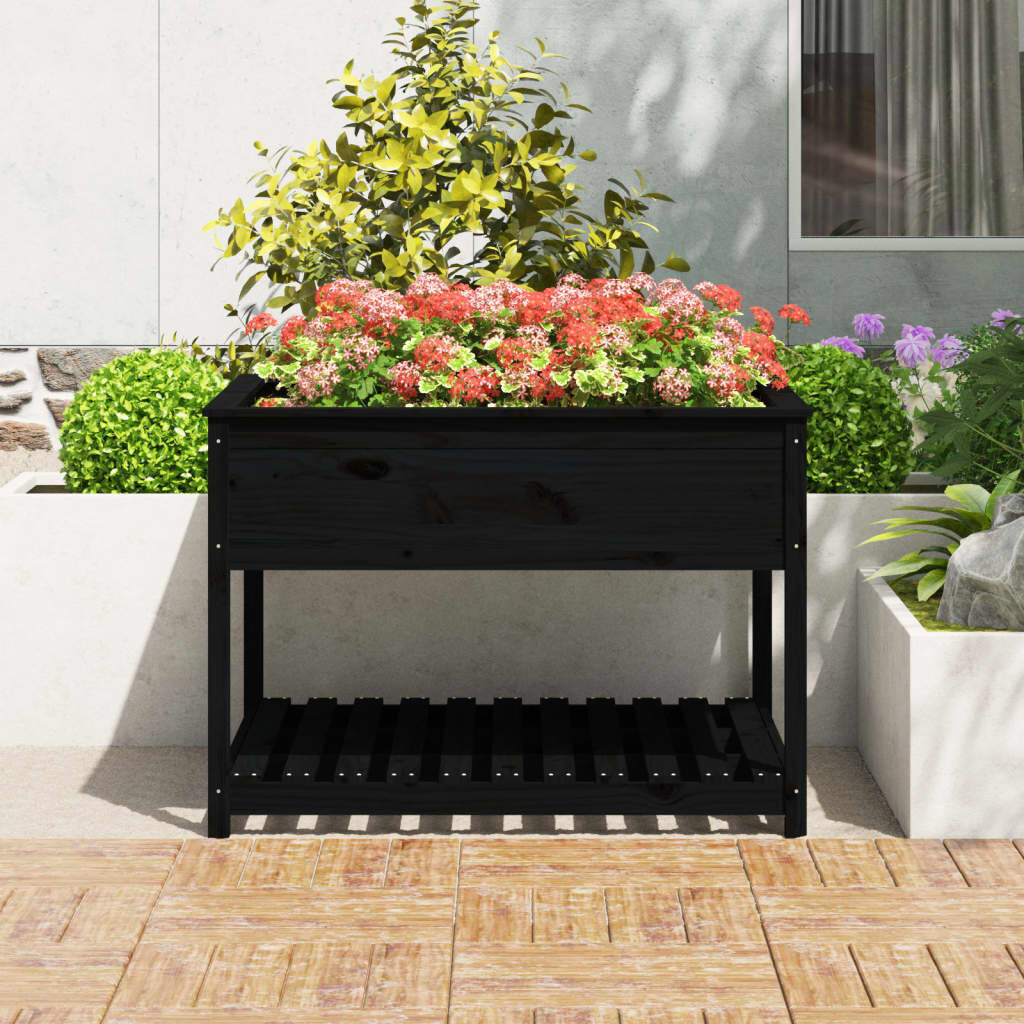Plantenbak met schap van grenenhout - 111,5x111,5x81 cm - Zwart (34% korting)