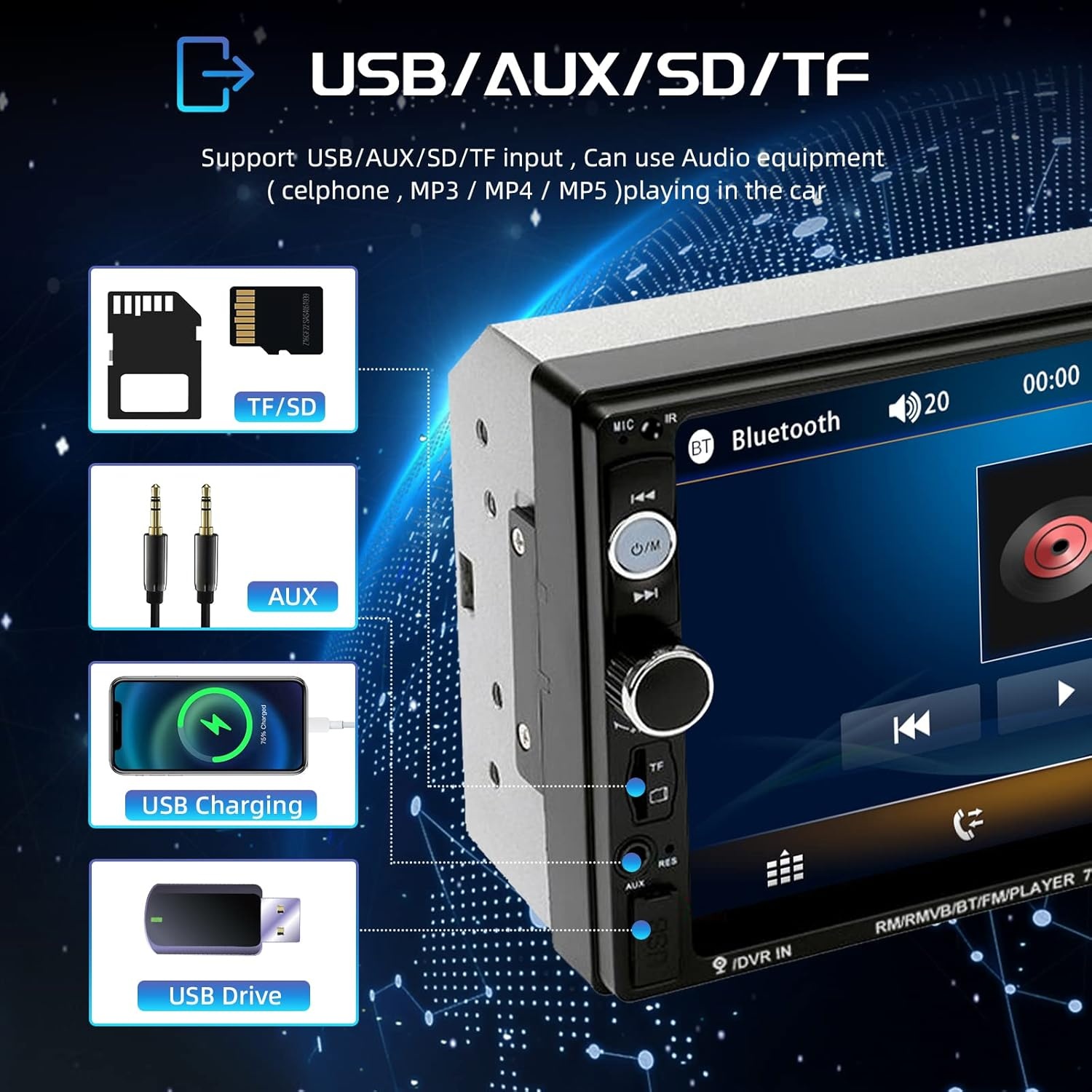 2-DIN Autoradio 7-inch HD Touchscreen Bluetooth Achteruitrijcamera Stuurbediening