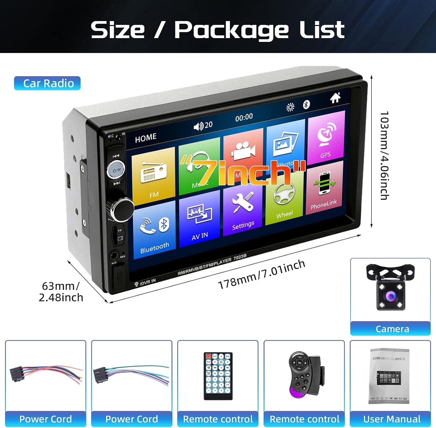 2-DIN Autoradio 7-inch HD Touchscreen Bluetooth Achteruitrijcamera Stuurbediening