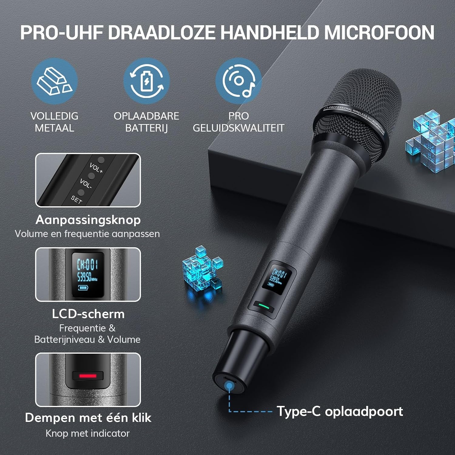 Draadloze Microfoon Set | UHF | 60m Bereik | 2 Microfoons