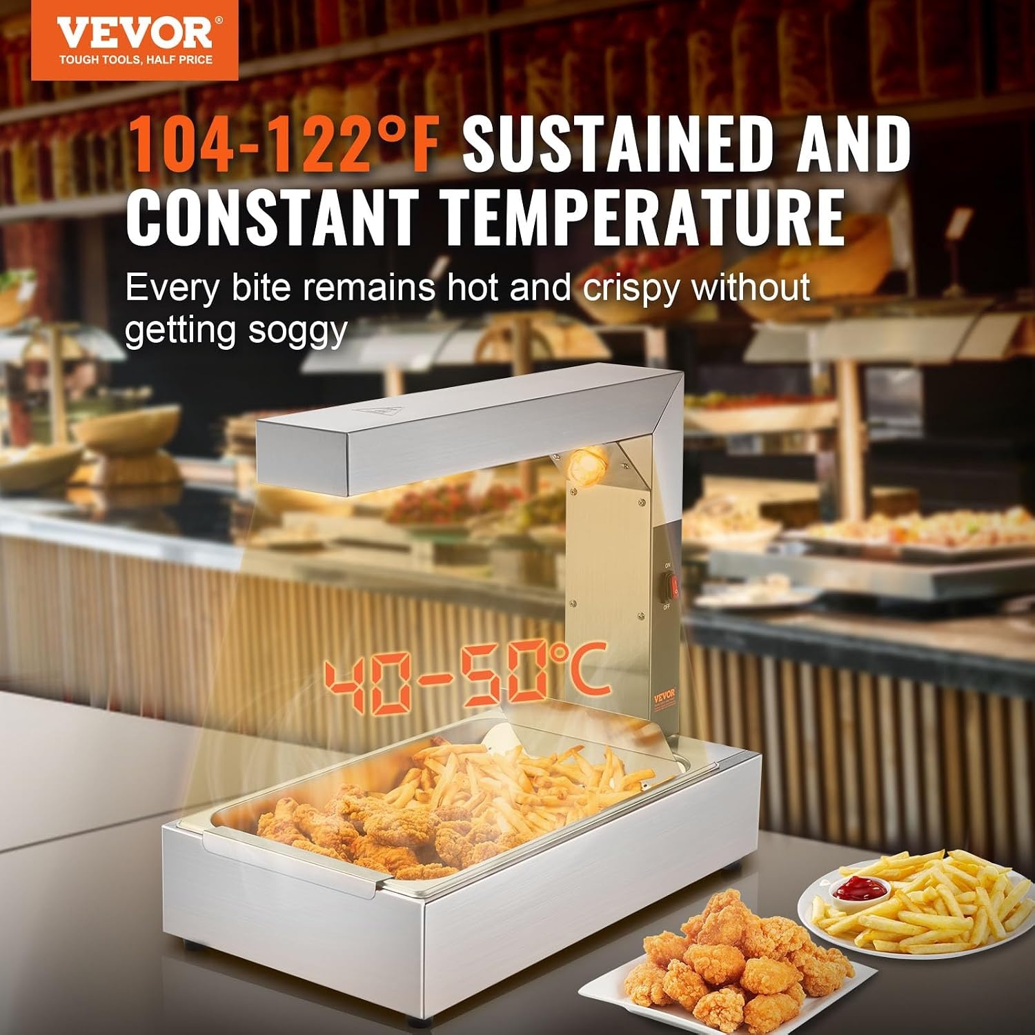 VEVOR 750 W warmtebrug voedselverwarmer 605 x 343 x 555 mm friet frituurbak, one-touch-bediening warmhoudapparaat elektrische frietverwarmer met voedselclip max. 50 ℃ cafetaria, snackbar enz.