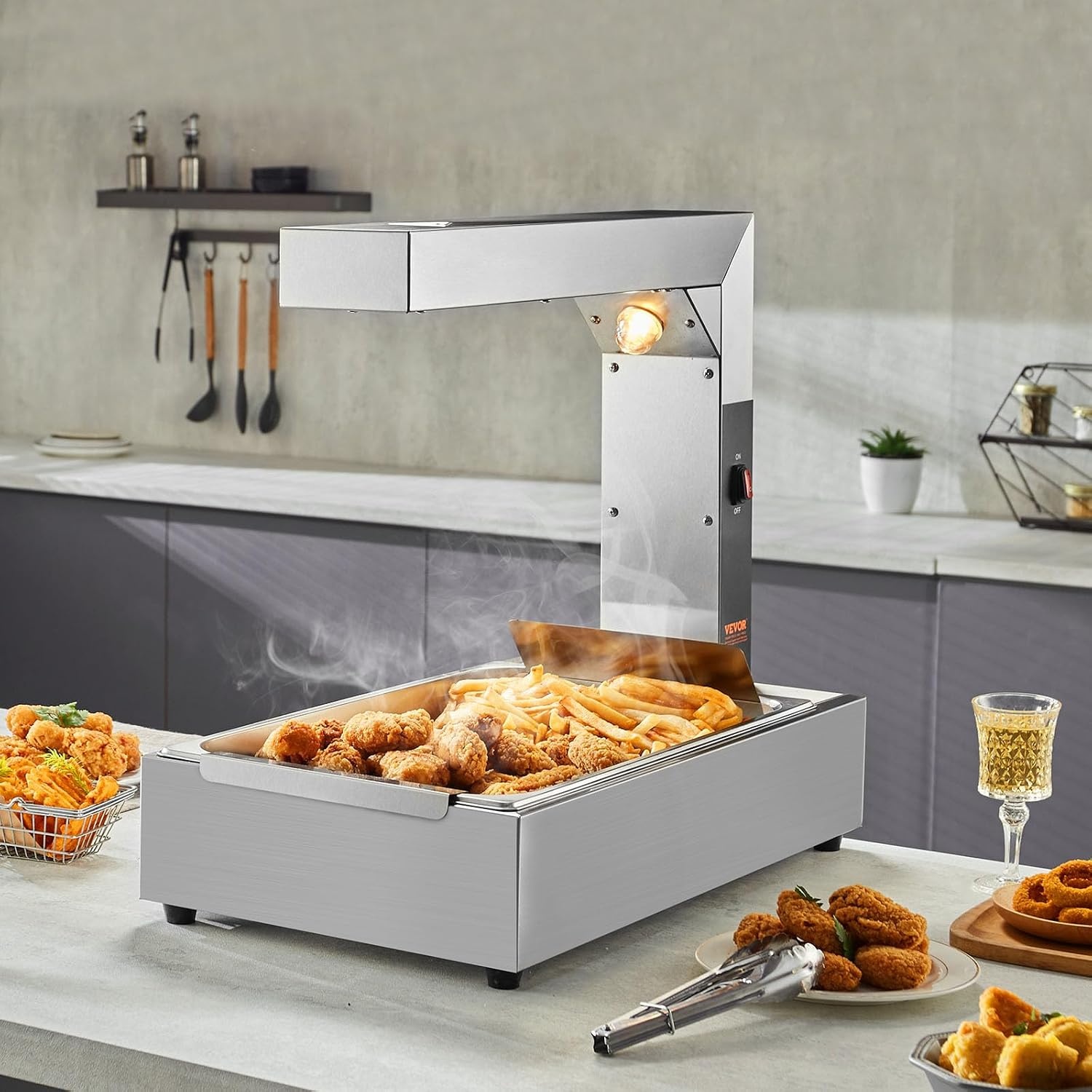 VEVOR 750 W warmtebrug voedselverwarmer 605 x 343 x 555 mm friet frituurbak, one-touch-bediening warmhoudapparaat elektrische frietverwarmer met voedselclip max. 50 ℃ cafetaria, snackbar enz.