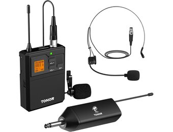 TONOR UHF Draadloos Microfoon Systeem met Headset/Lavalier, Bodypack, Oplaadbare Ontvanger, 5 Kanalen, 60M Bereik