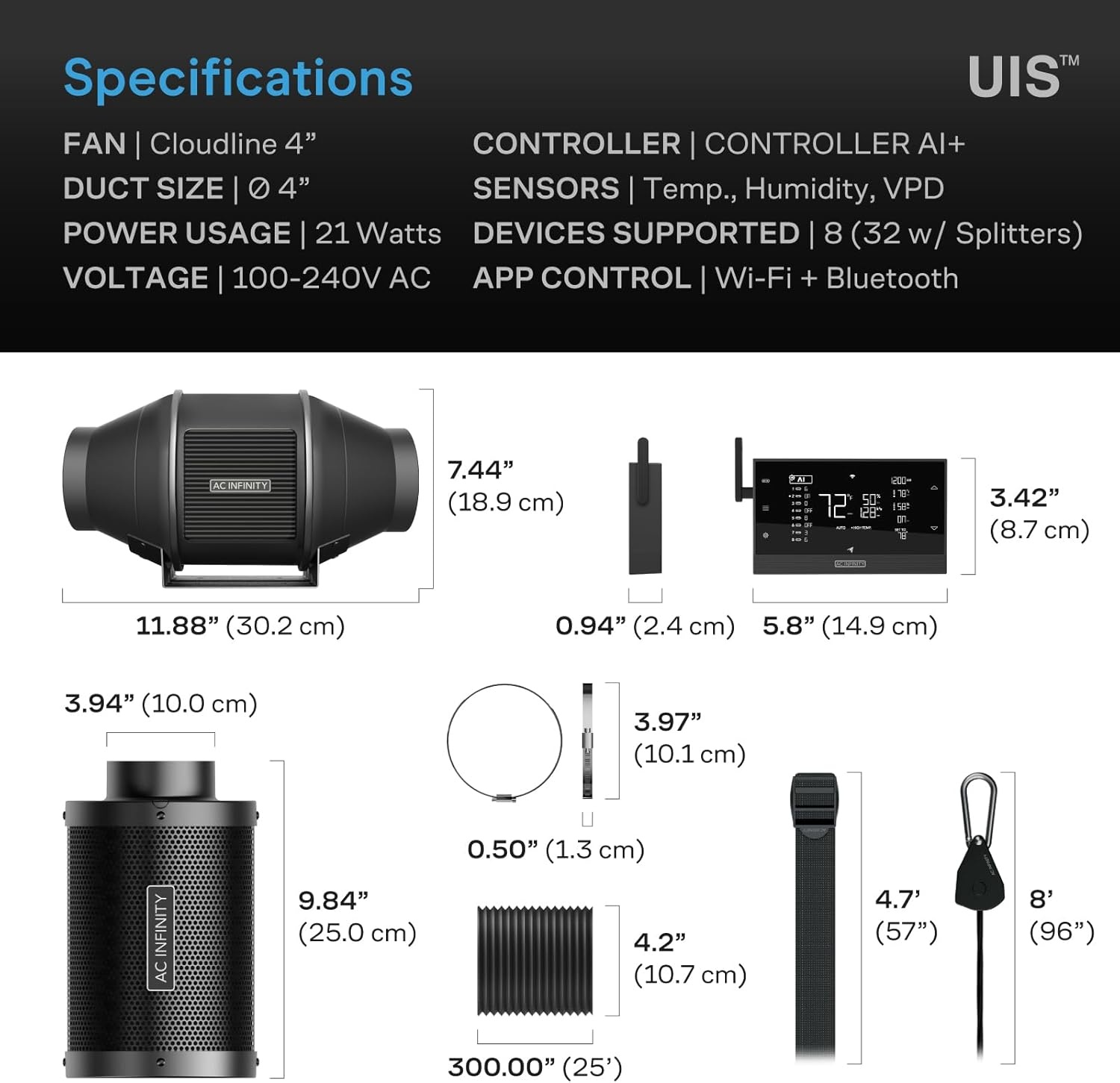 AC Infinity Luchtfiltratie Pro Kit 4-Inch PRO met Inline Ventilator, Carbon Filter en WiFi Klimaatregeling
