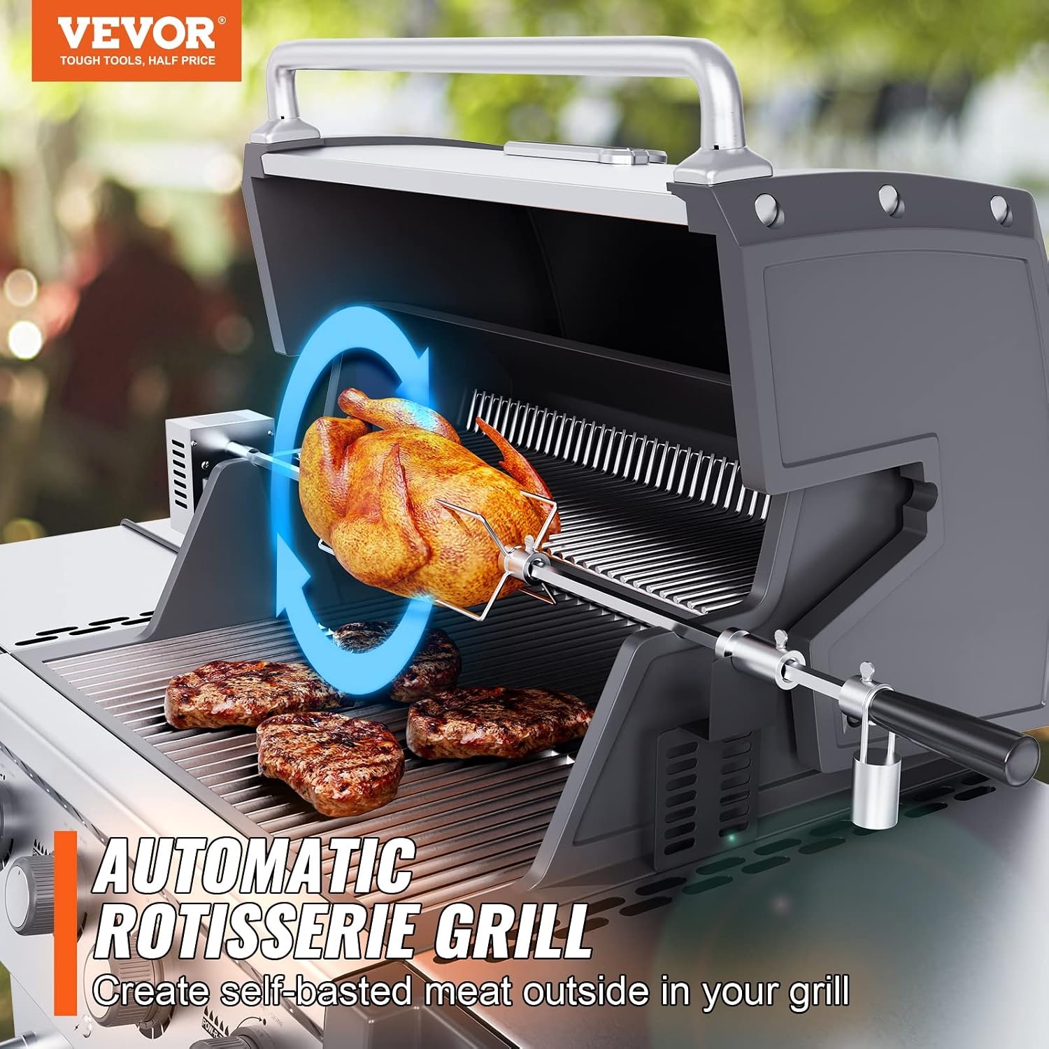 VEVOR Elektrische braadset, belasting van 12 kg, grill met 9 W motor, snelheid 4 omw/min, automatische braadpan voor buiten, roestvrij staal, automatische rotatie, set voor kippen, eend, kalkoen