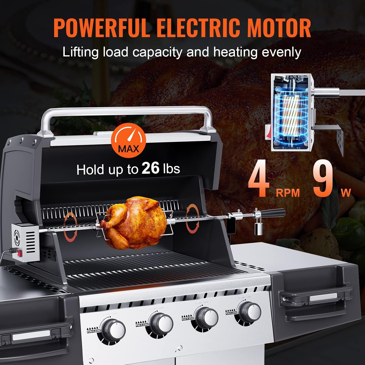 VEVOR Elektrische braadset, belasting van 12 kg, grill met 9 W motor, snelheid 4 omw/min, automatische braadpan voor buiten, roestvrij staal, automatische rotatie, set voor kippen, eend, kalkoen