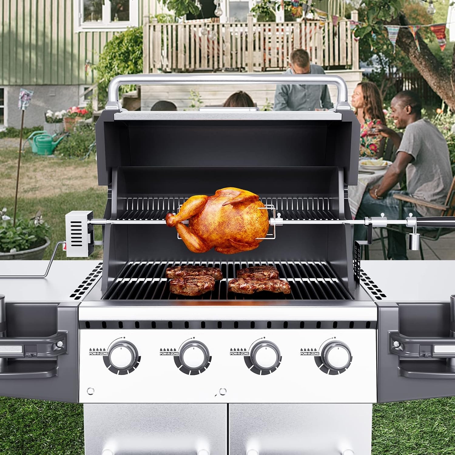 VEVOR Elektrische braadset, belasting van 12 kg, grill met 9 W motor, snelheid 4 omw/min, automatische braadpan voor buiten, roestvrij staal, automatische rotatie, set voor kippen, eend, kalkoen